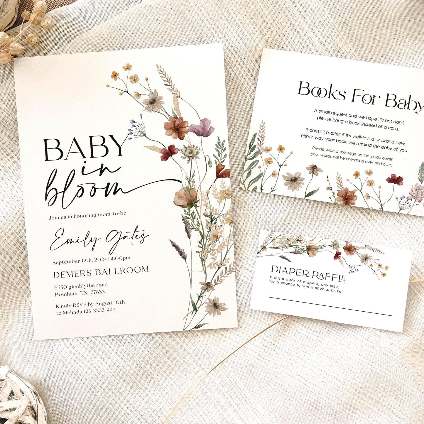 Baby In Bloom Invitation | Baby shower bundle | Books for Baby card | Diaper raffle card - LovelyTemplatesCo
