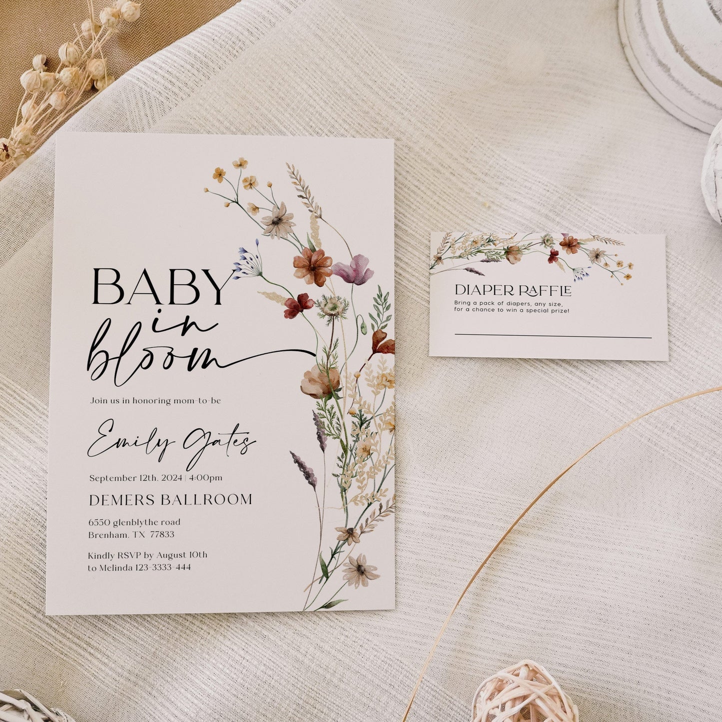 Baby In Bloom Invitation | Baby shower bundle | Books for Baby card | Diaper raffle card - LovelyTemplatesCo