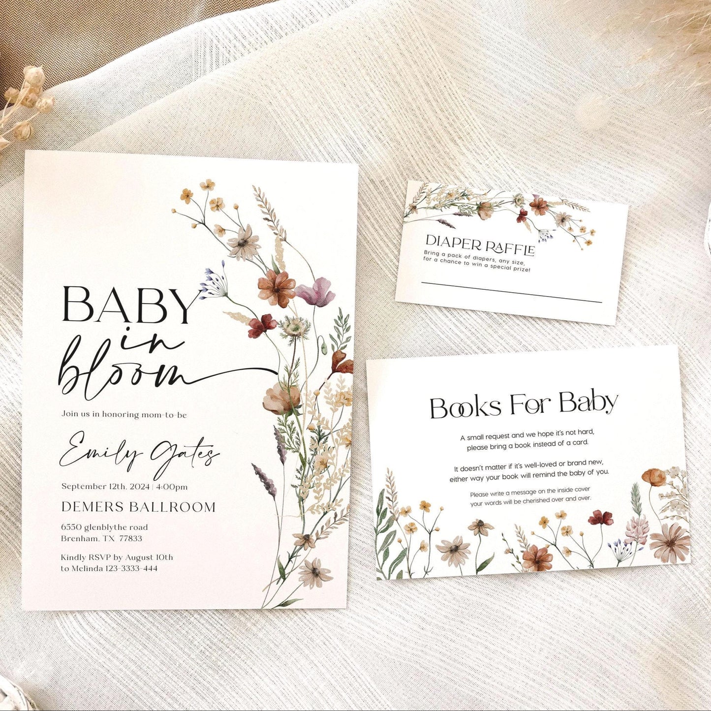 Baby In Bloom Invitation | Baby shower bundle | Books for Baby card | Diaper raffle card - LovelyTemplatesCo