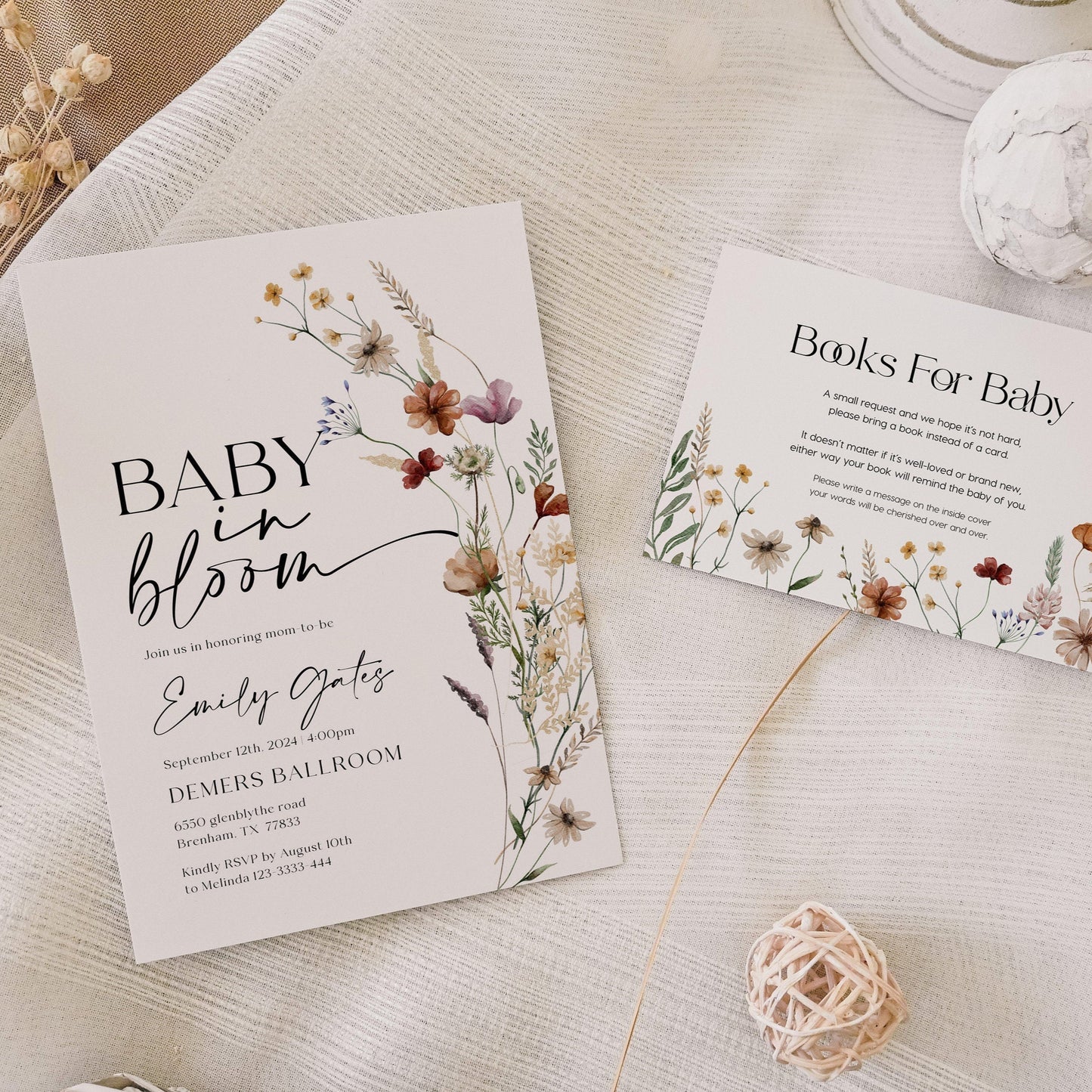 Baby In Bloom Invitation | Baby shower bundle | Books for Baby card | Diaper raffle card - LovelyTemplatesCo