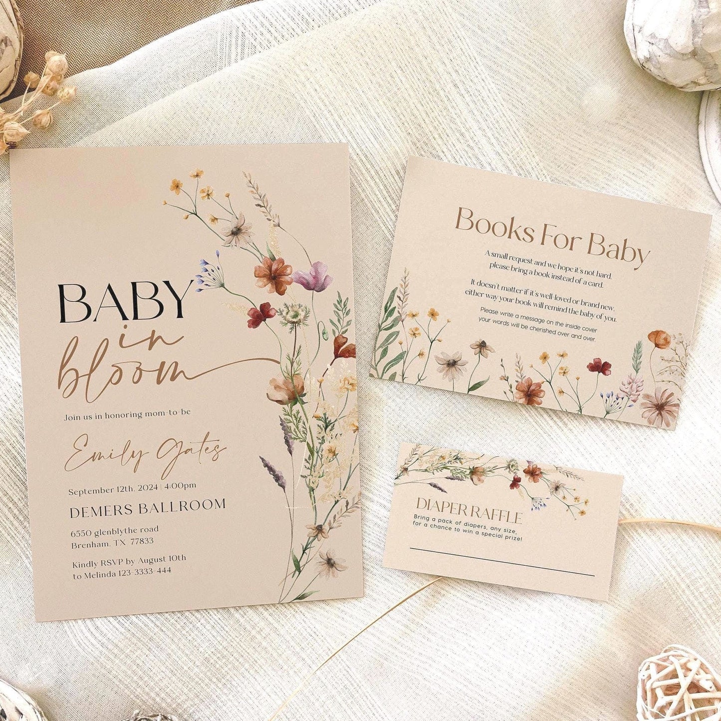 Baby In Bloom invitation | Beige with Wildflowers customizable templates - LovelyTemplatesCo