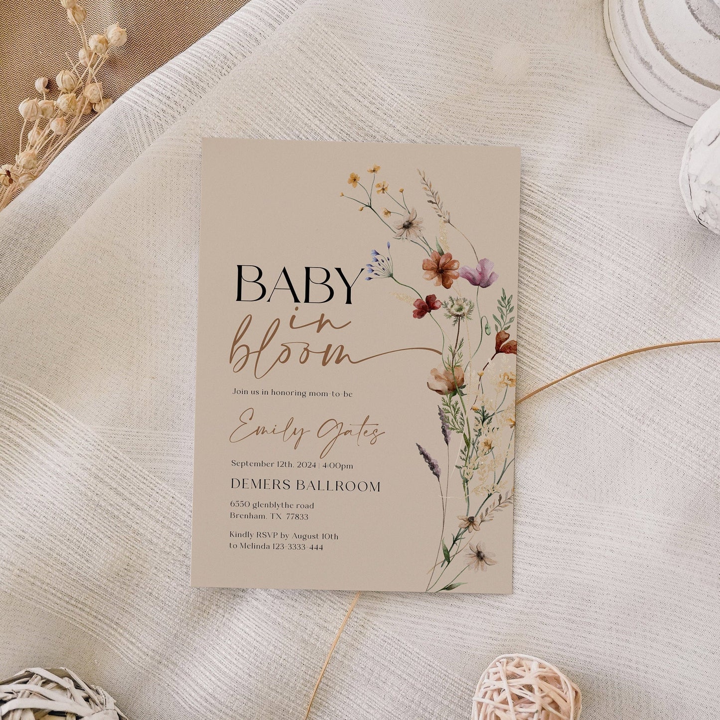 Baby In Bloom invitation | Beige with Wildflowers customizable templates - LovelyTemplatesCo