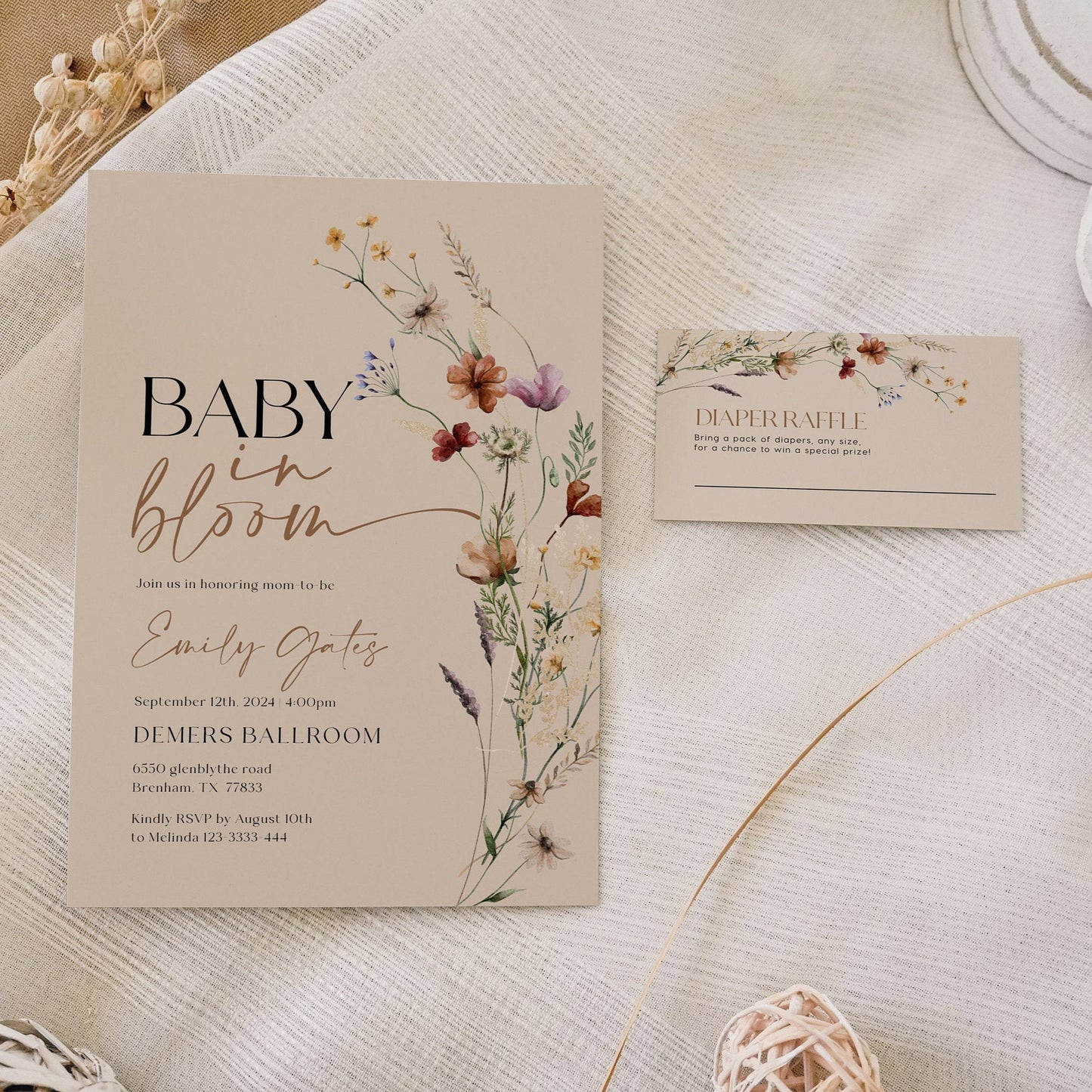 Baby In Bloom invitation | Beige with Wildflowers customizable templates - LovelyTemplatesCo