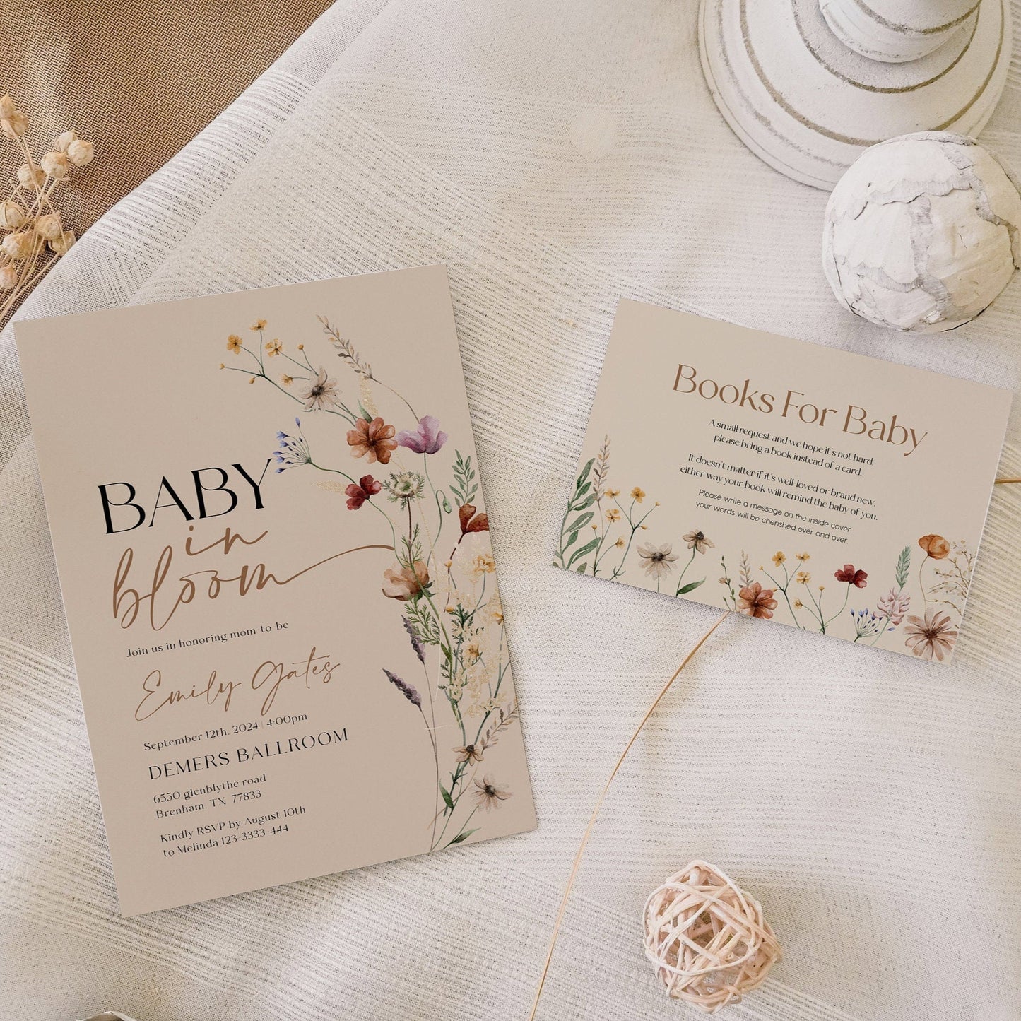 Baby In Bloom invitation | Beige with Wildflowers customizable templates - LovelyTemplatesCo