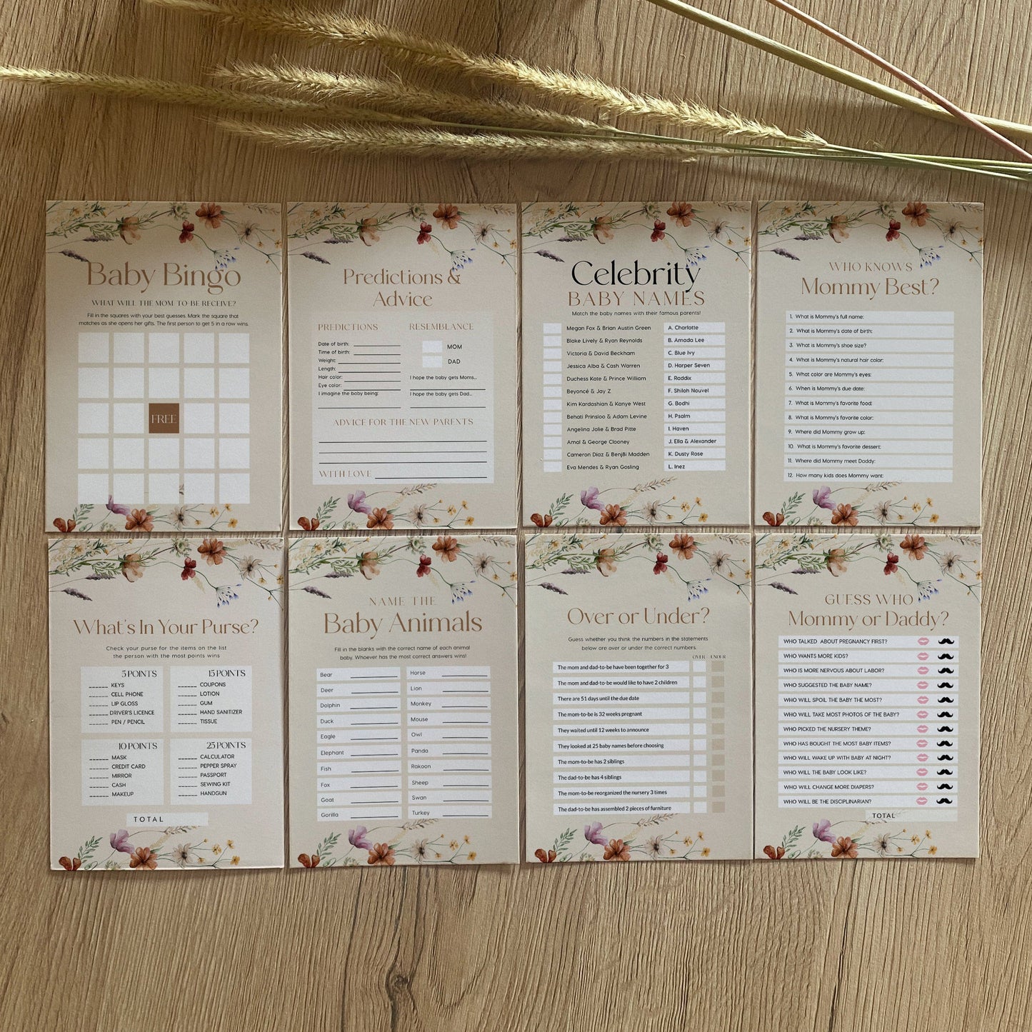 Baby Shower Games bundle, Boho Beige baby Shower games bundle - LovelyTemplatesCo