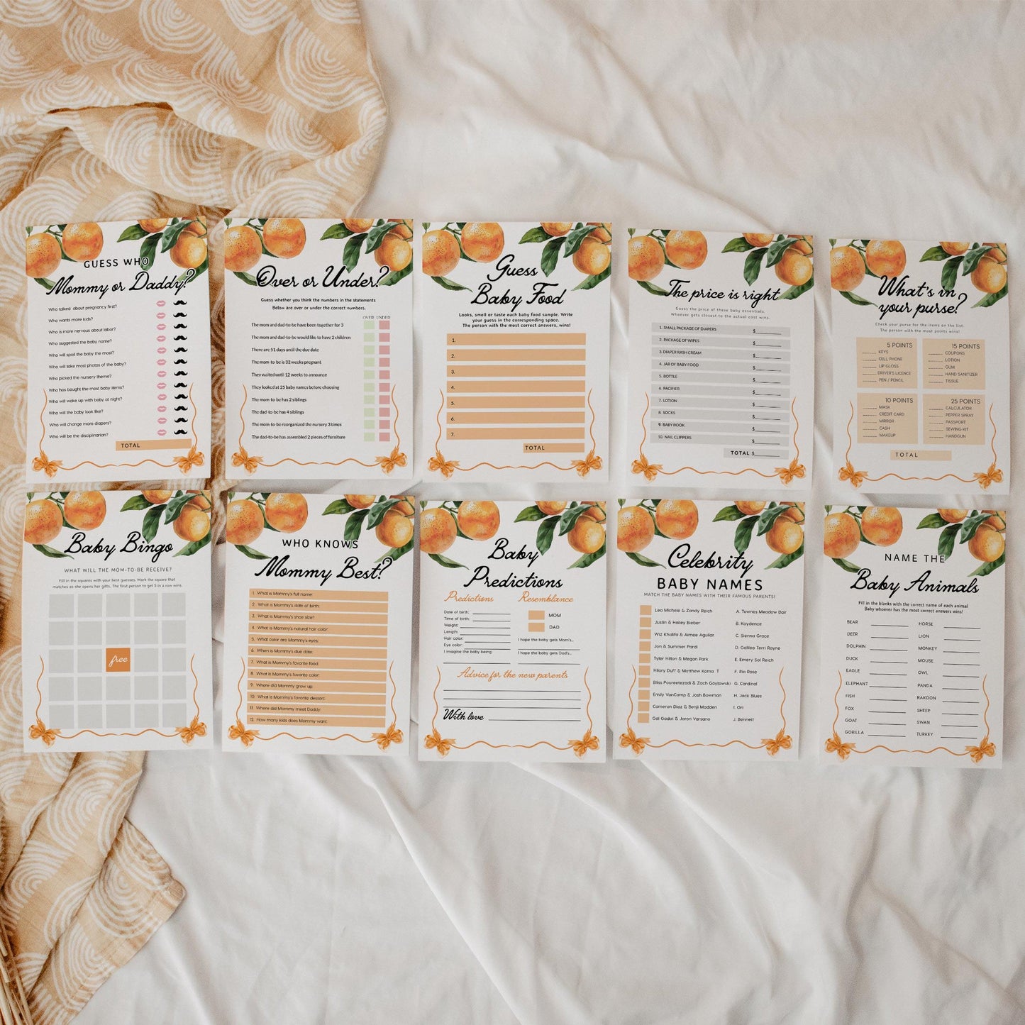 Baby Shower Games Bundle | Orange Baby Shower Games Bundle - LovelyTemplatesCo