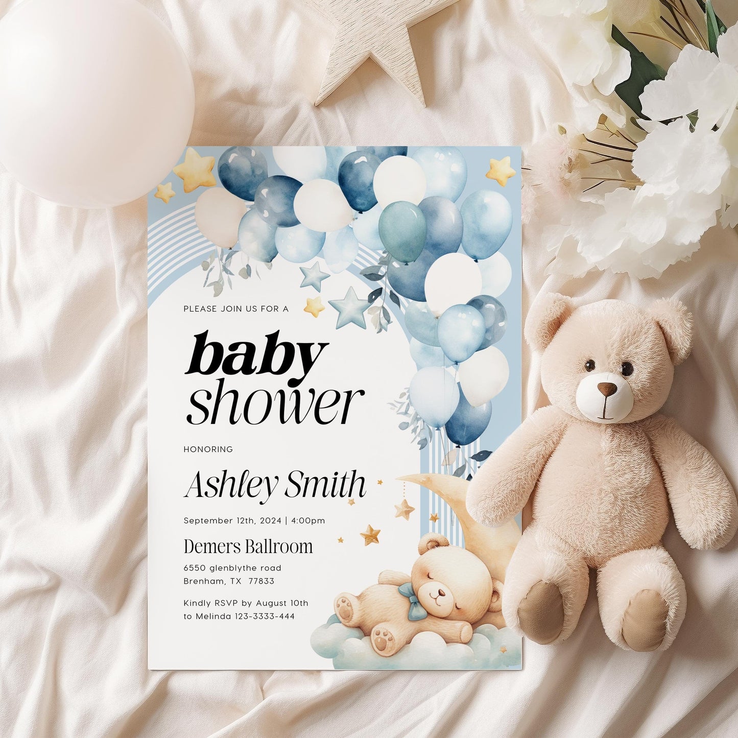 Baby Shower Invitation with bear, Boy baby shower invitation, Bear with balloons baby shower - LovelyTemplatesCo