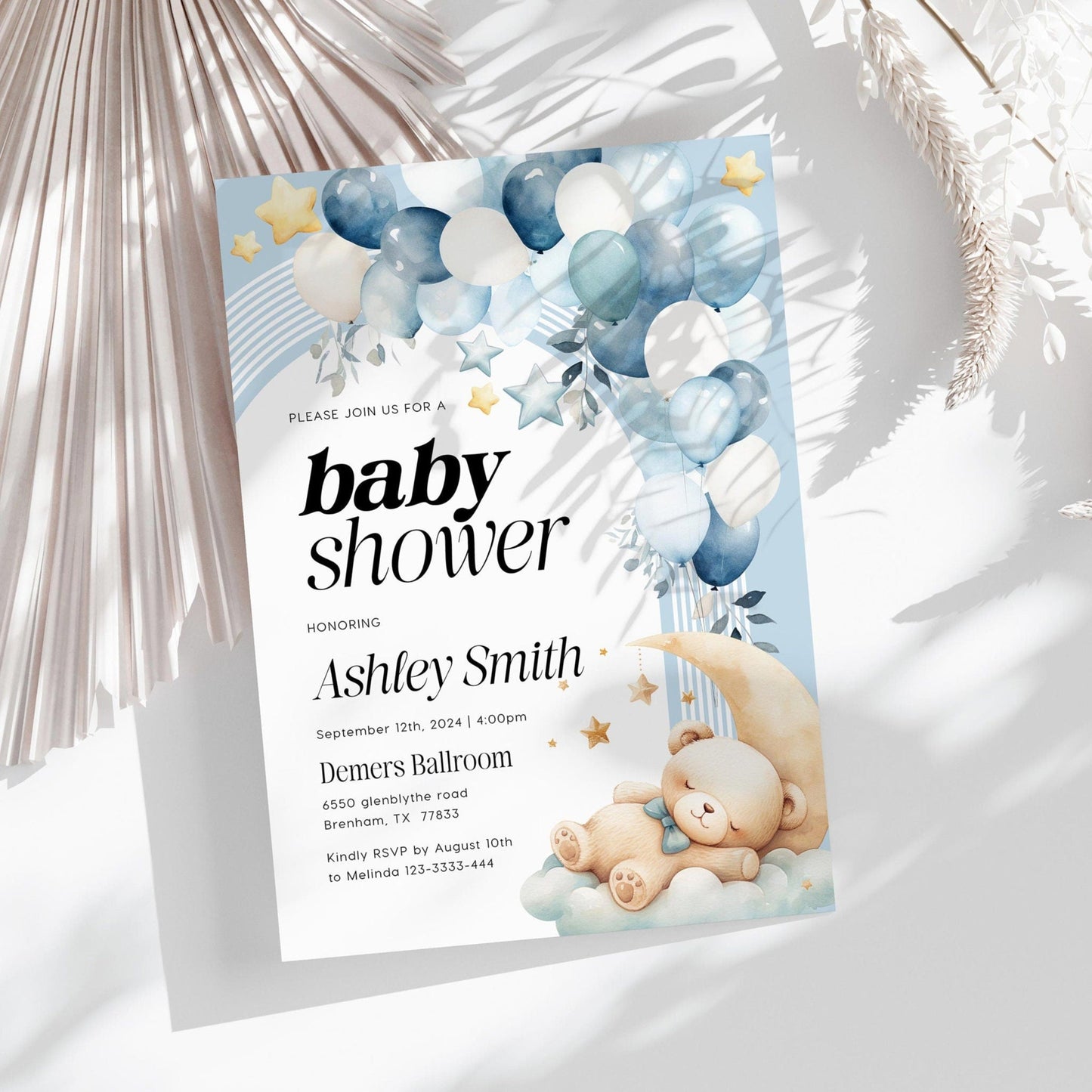 Baby Shower Invitation with bear, Boy baby shower invitation, Bear with balloons baby shower - LovelyTemplatesCo