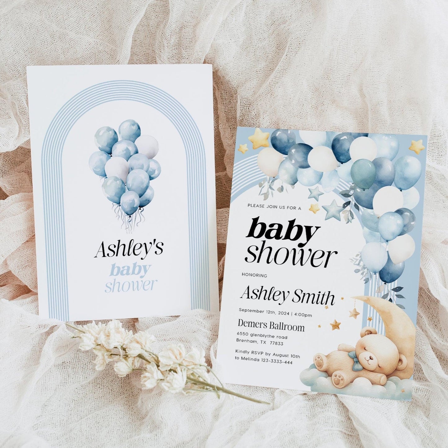 Baby Shower Invitation with bear, Boy baby shower invitation, Bear with balloons baby shower - LovelyTemplatesCo