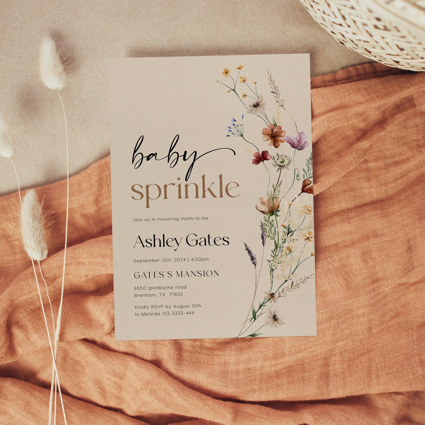 Baby Sprinkle Invitation | Wildflower Invitation | Beige Invitation Template - LovelyTemplatesCo