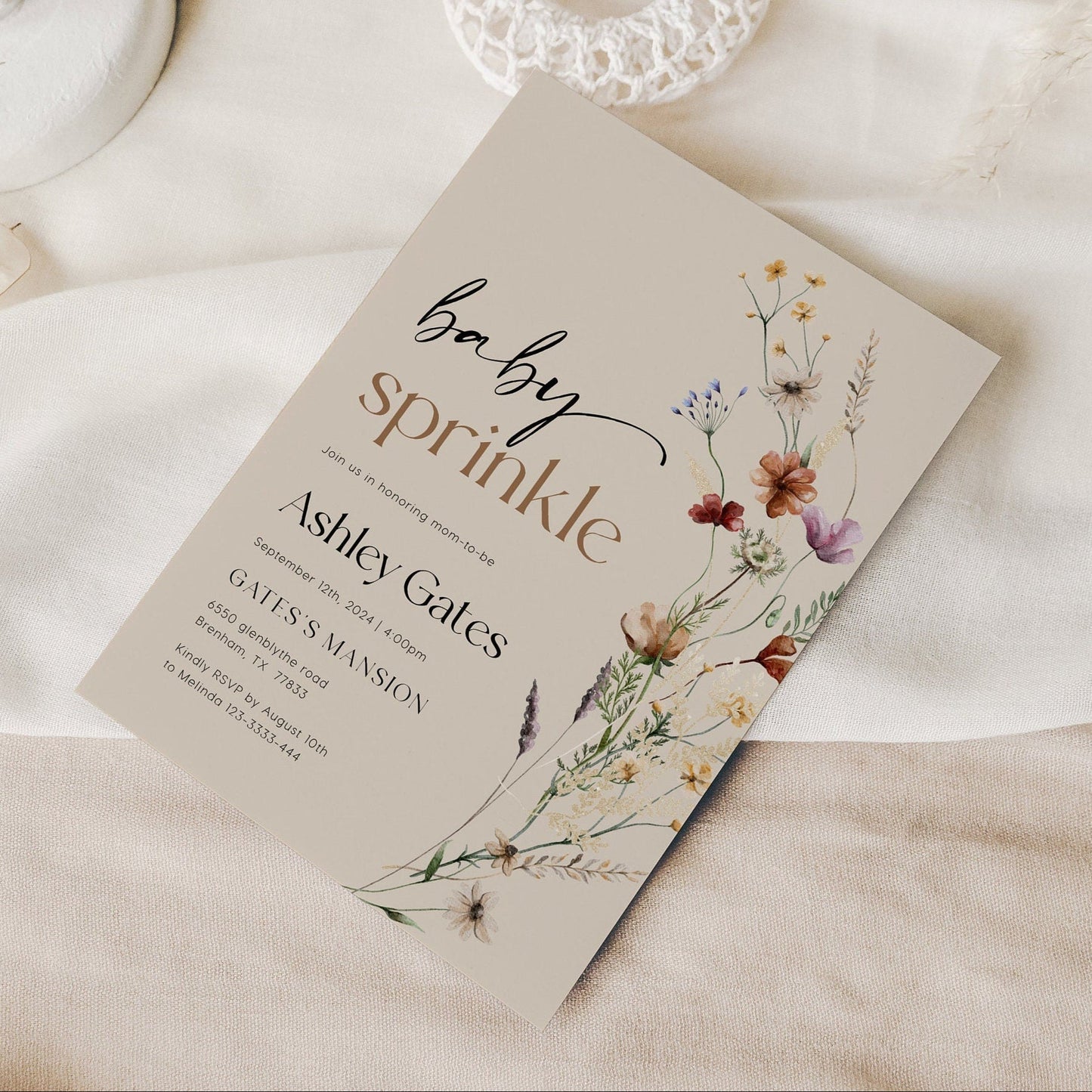 Baby Sprinkle Invitation | Wildflower Invitation | Beige Invitation Template - LovelyTemplatesCo