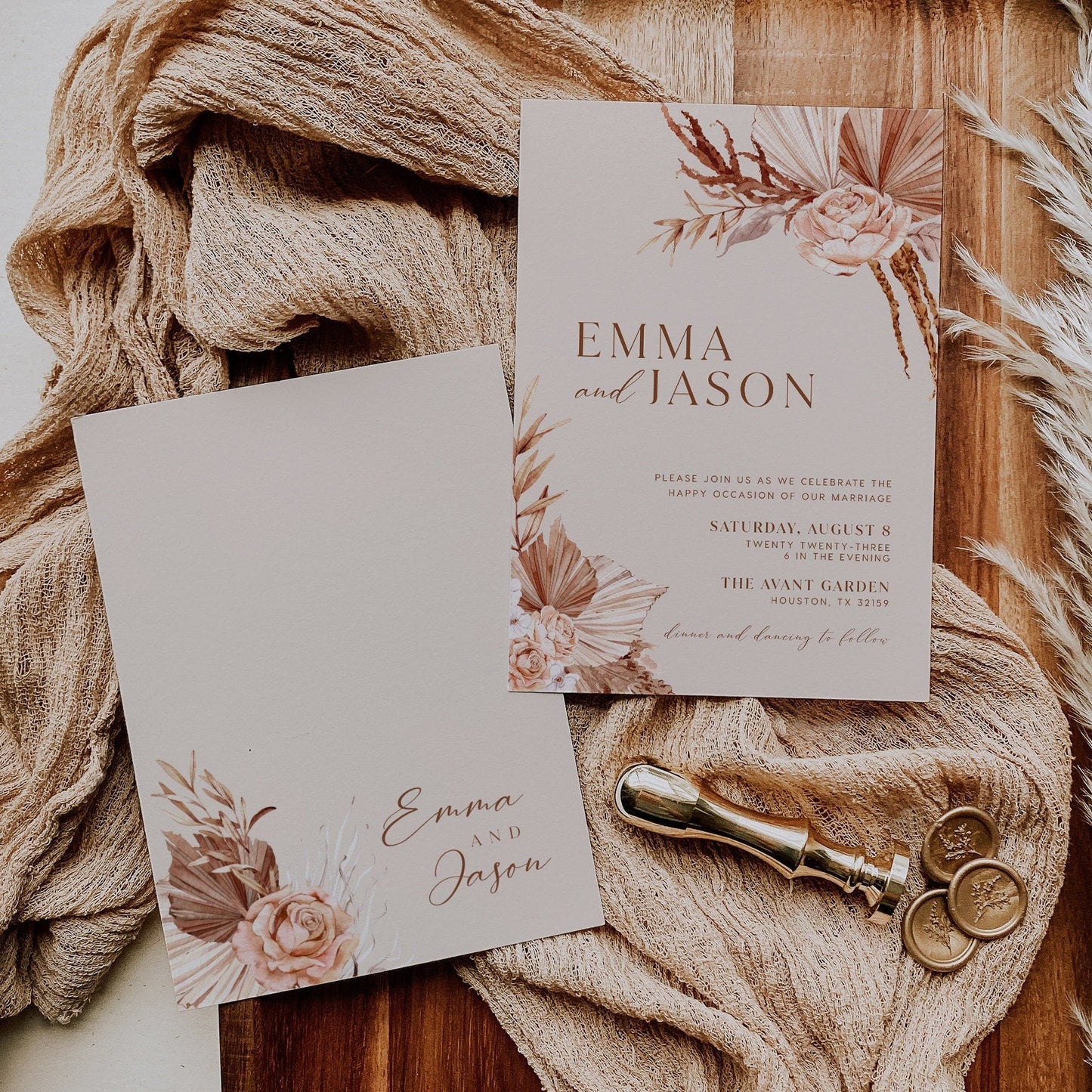 Beige Wedding invitation, Pampas wedding invitation - LovelyTemplatesCo