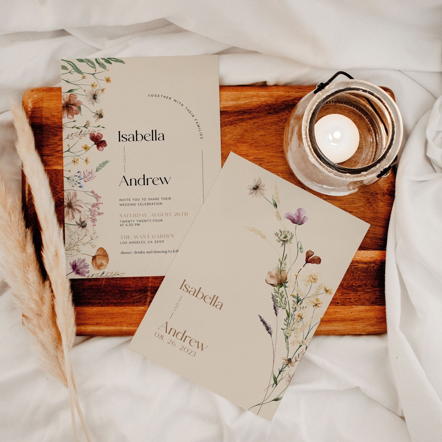 Beige Wedding Invitation, Wildflower Wedding invitation set, Floral Wedding Invitation - LovelyTemplatesCo