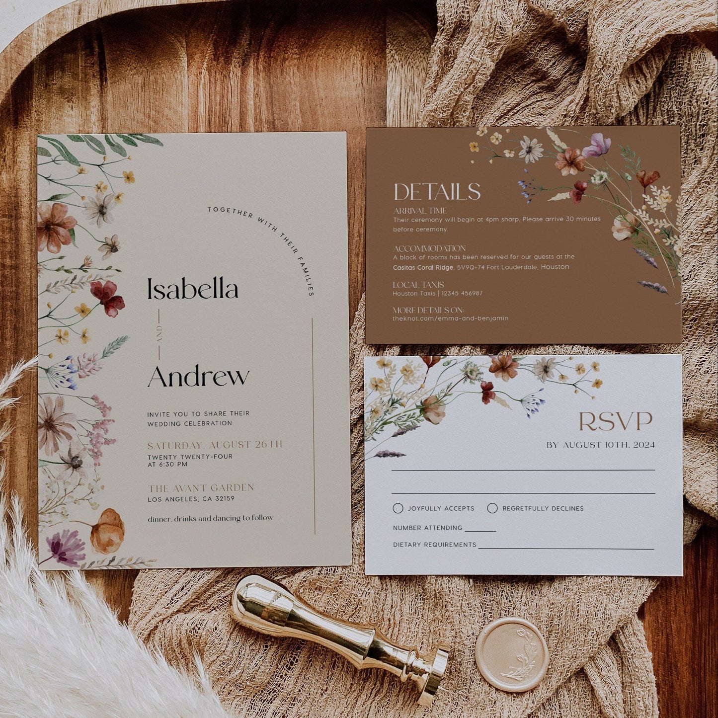 Beige Wedding Invitation, Wildflower Wedding invitation set, Floral Wedding Invitation - LovelyTemplatesCo