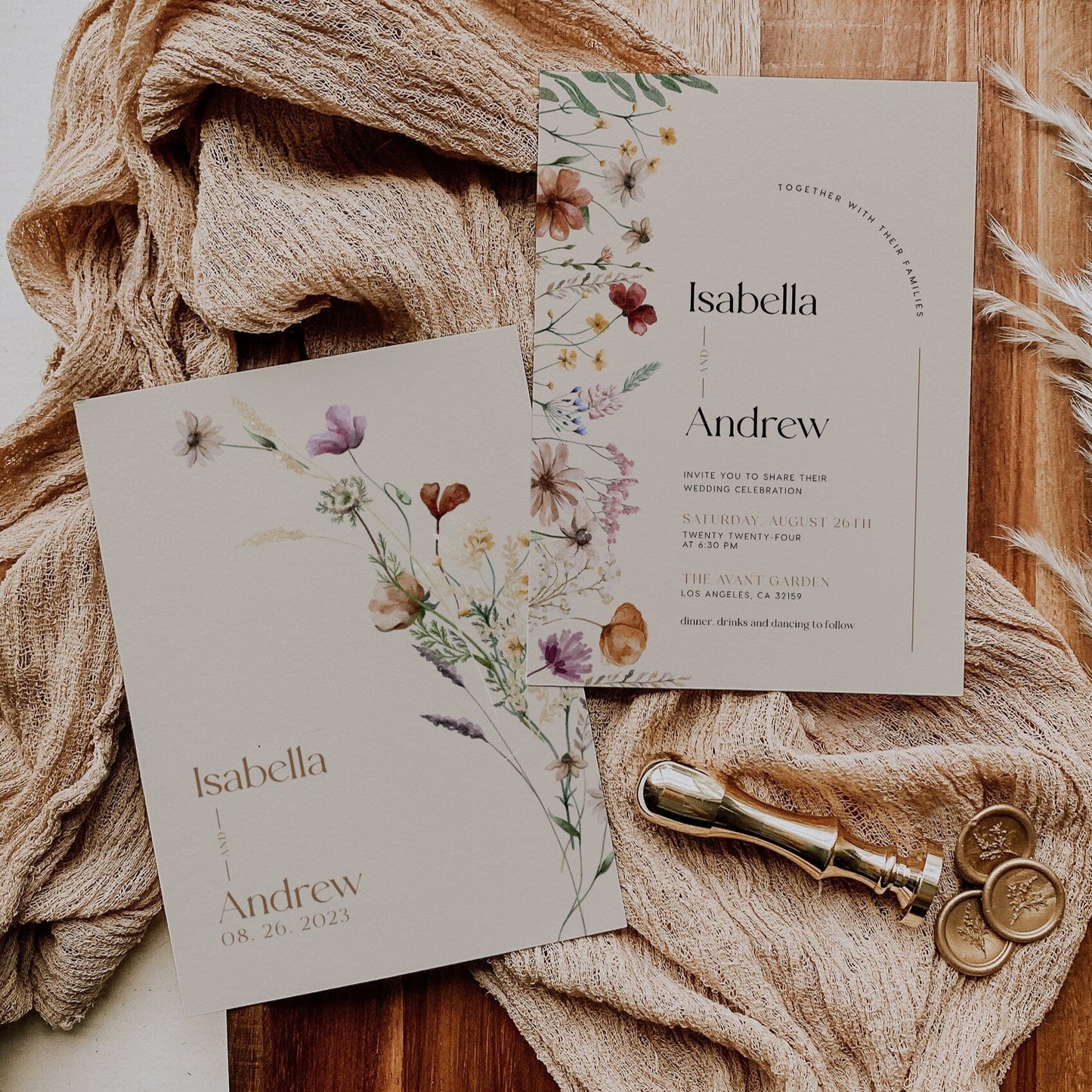 Beige Wedding Invitation, Wildflower Wedding invitation set, Floral Wedding Invitation - LovelyTemplatesCo