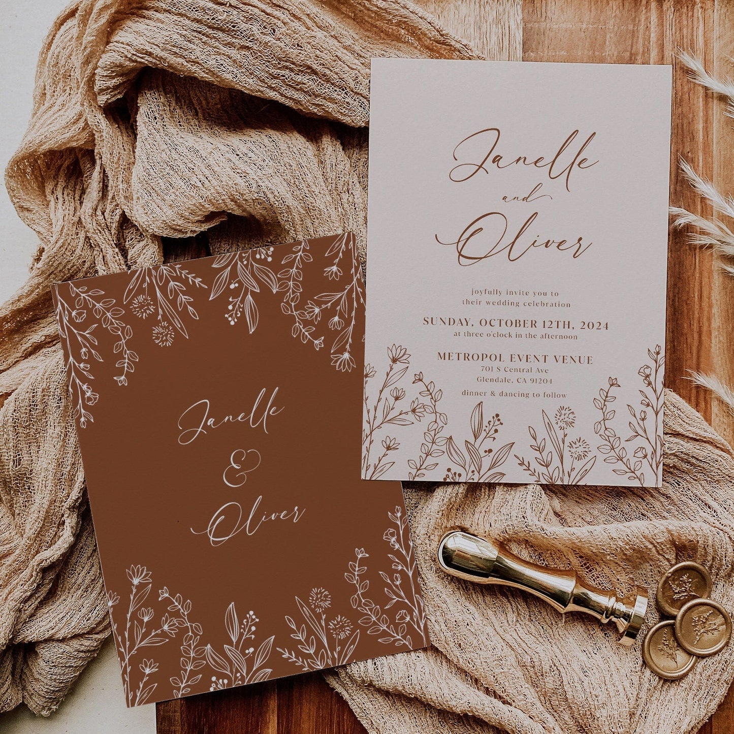 Beige wedding invitations, Earthy floral wedding invitation templates - LovelyTemplatesCo