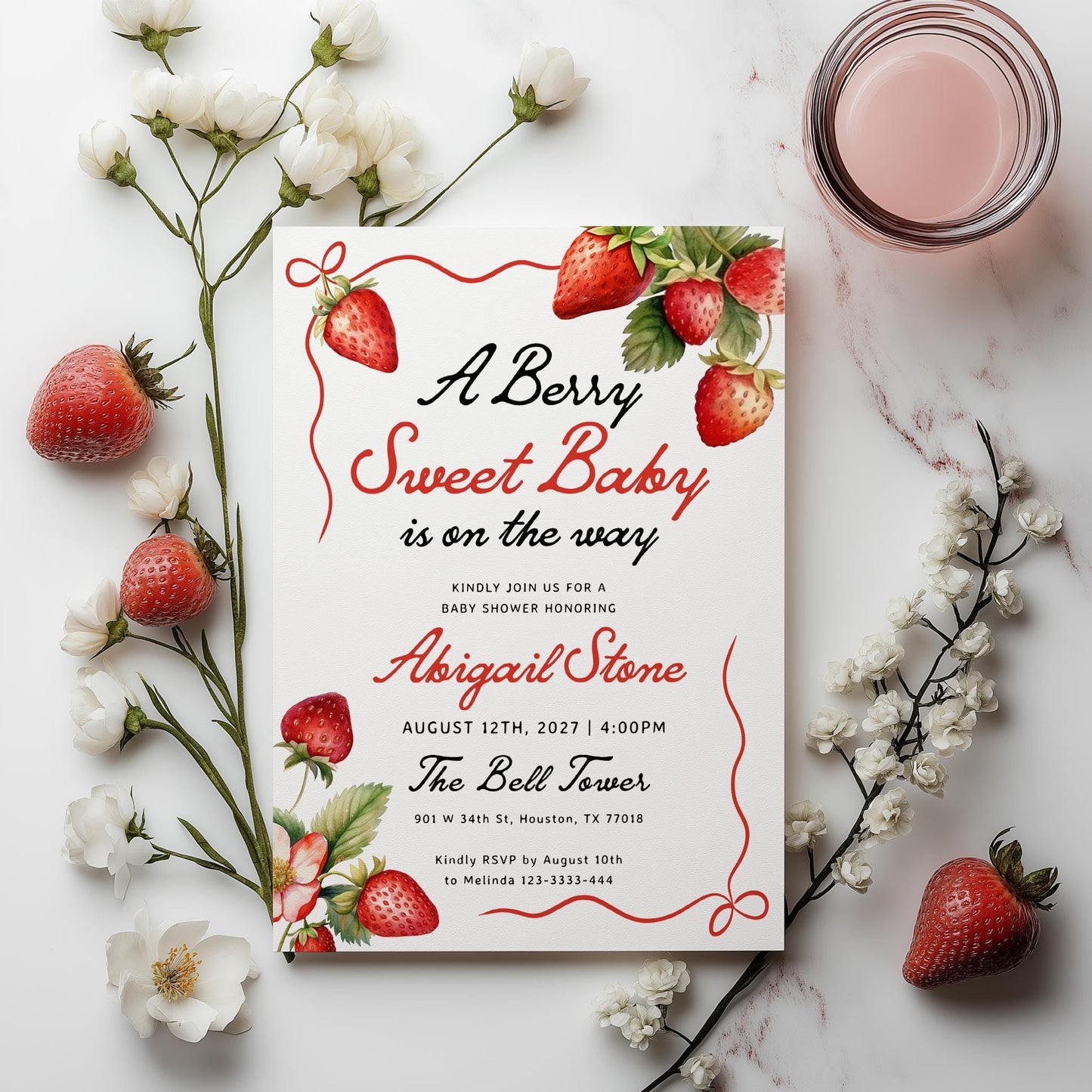 Berry Sweet Baby Is on the Way | Strawberry Baby Shower Invitation - LovelyTemplatesCo