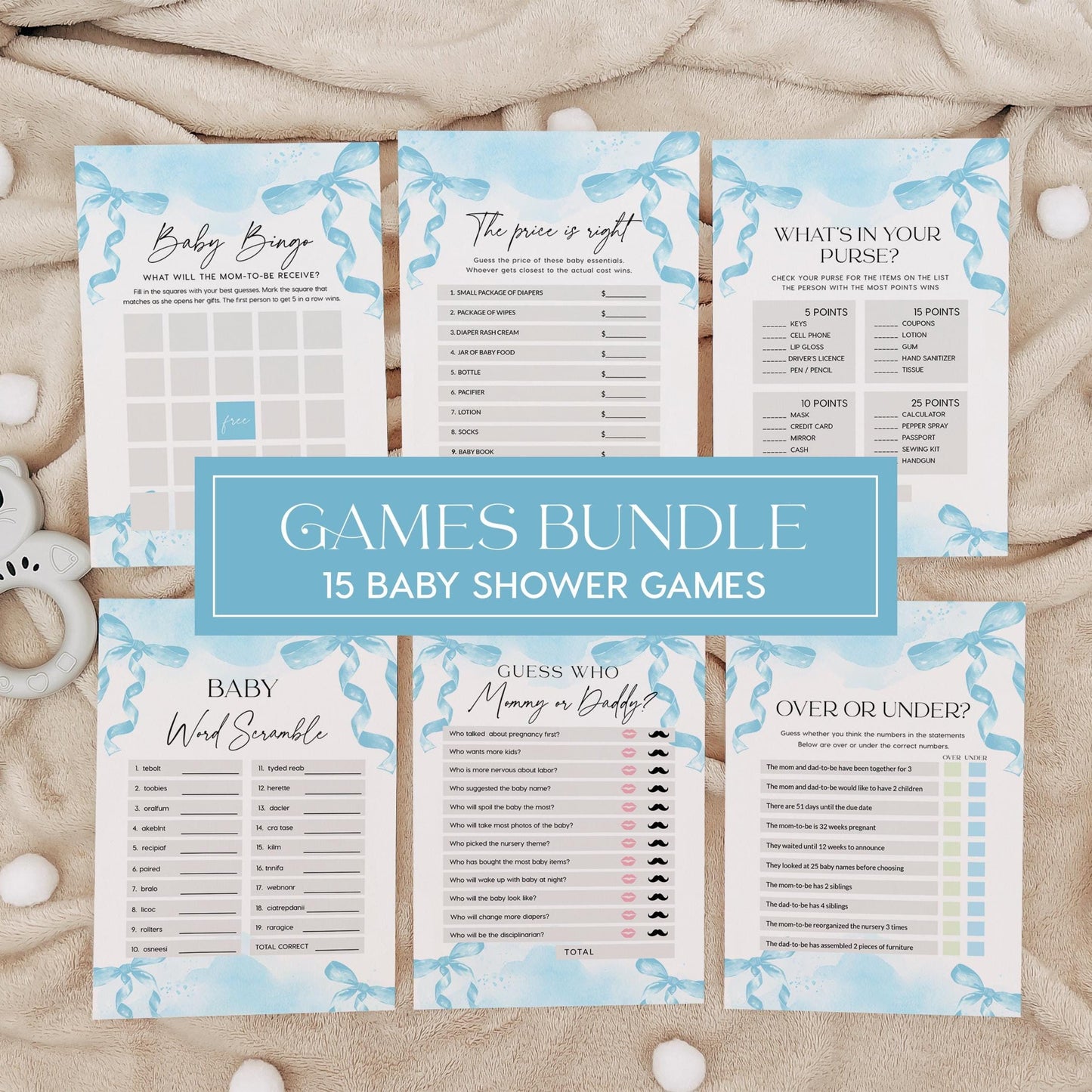 Blue Baby Shower Games Bundle, Minimalist Blue Bow Baby Shower Games cards, 15 games included - LovelyTemplatesCo