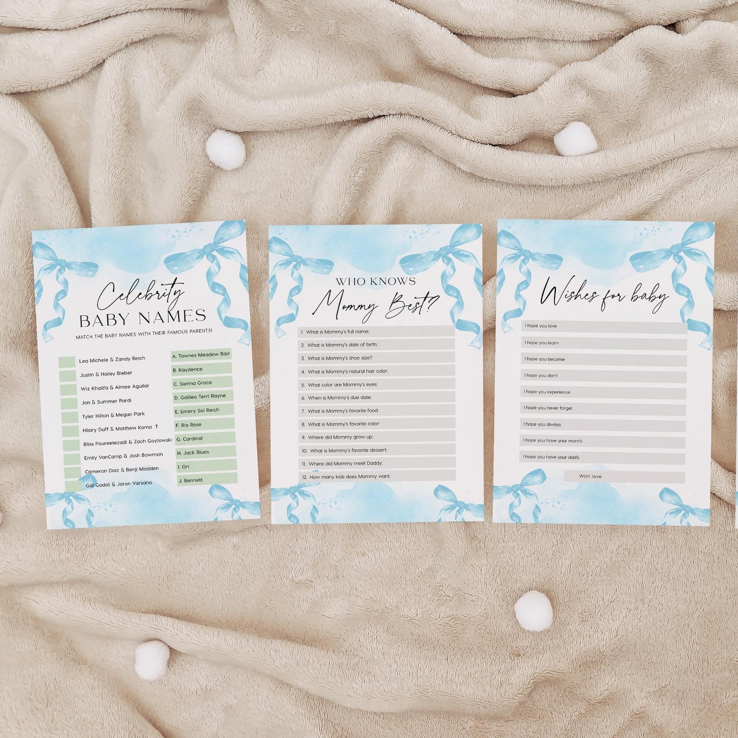 Blue Baby Shower Games Bundle, Minimalist Blue Bow Baby Shower Games cards, 15 games included - LovelyTemplatesCo
