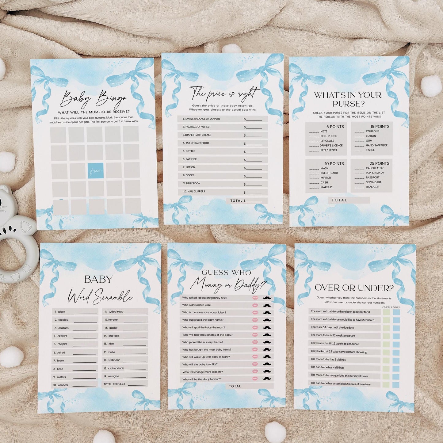 Blue Baby Shower Games Bundle, Minimalist Blue Bow Baby Shower Games cards, 15 games included - LovelyTemplatesCo