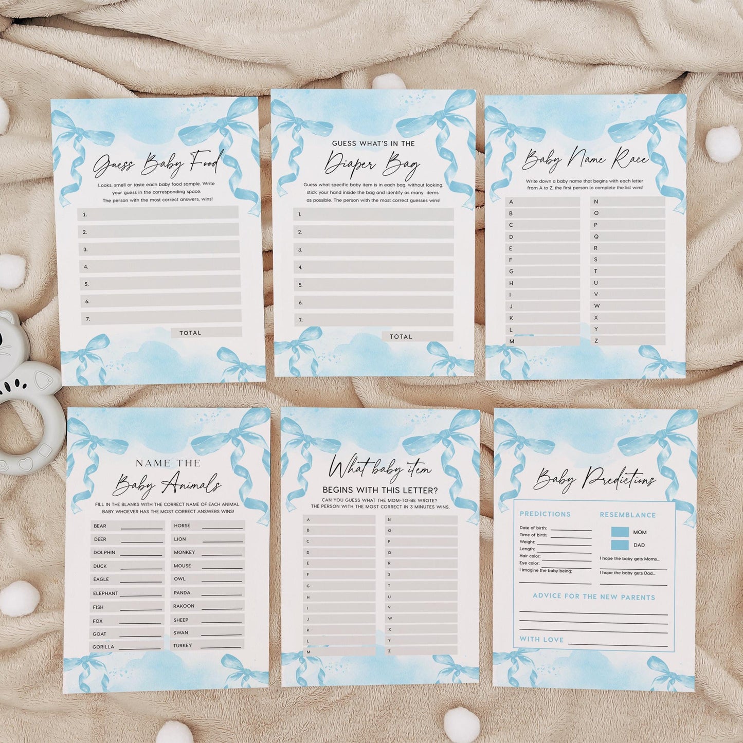 Blue Baby Shower Games Bundle, Minimalist Blue Bow Baby Shower Games cards, 15 games included - LovelyTemplatesCo