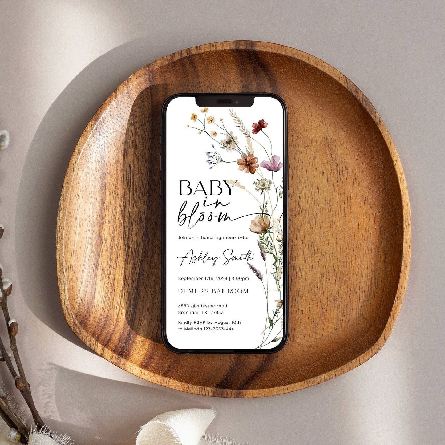 Boho Baby In Bloom Evite, Digital Invitation, Baby shower e - invitation - LovelyTemplatesCo