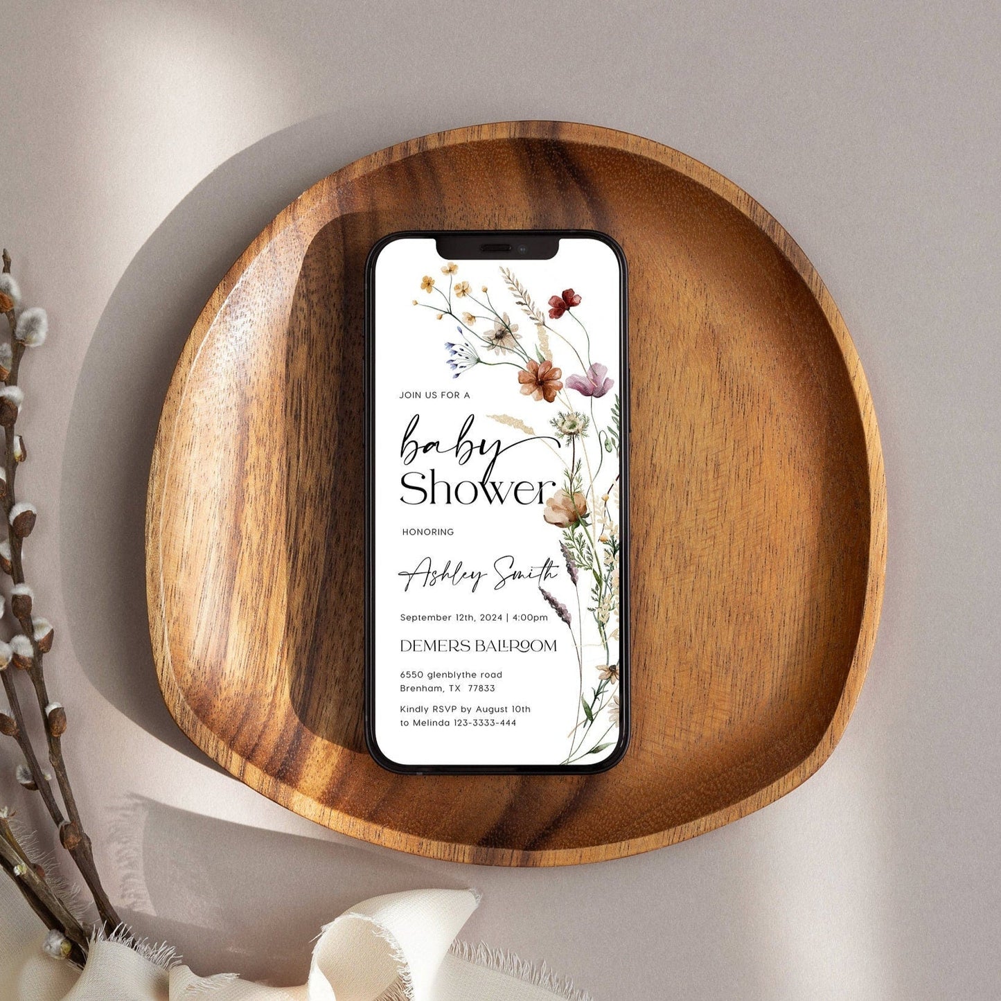 Boho Baby Shower E - vite, Digital Invitation, Baby shower e - invitation, Baby shower wildflower invitation - LovelyTemplatesCo
