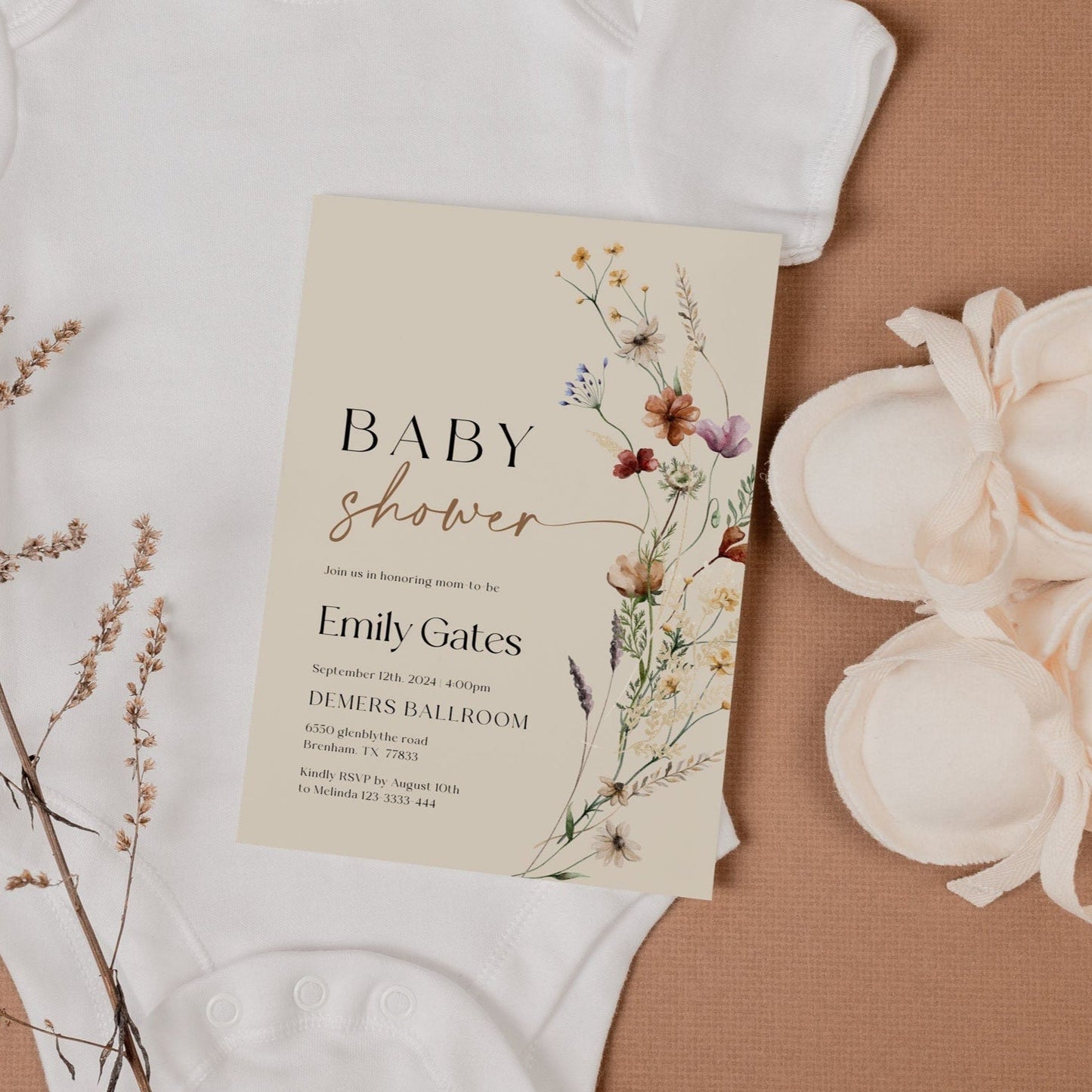 Boho Baby Shower Invitation | Beige Invitation Template | Wildflower Baby Shower Stationery - LovelyTemplatesCo
