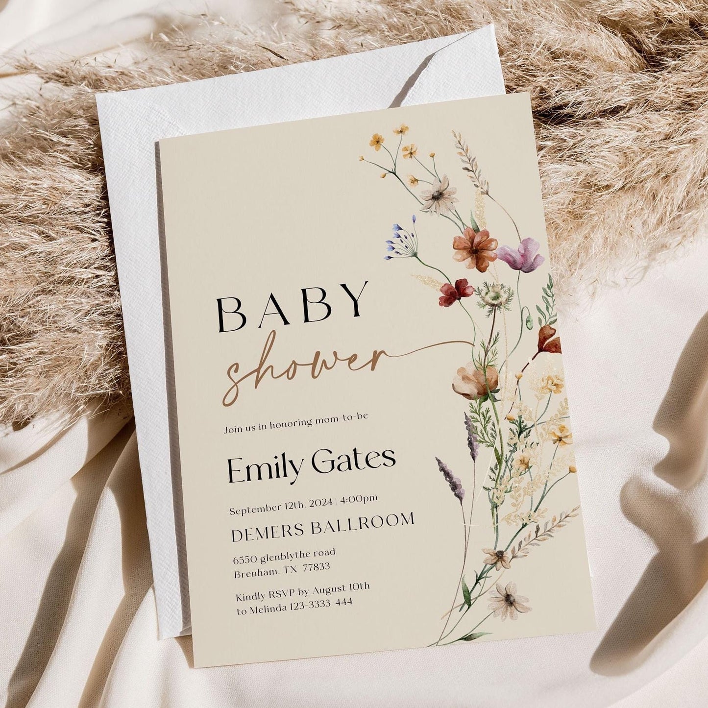 Boho Baby Shower Invitation | Beige Invitation Template | Wildflower Baby Shower Stationery - LovelyTemplatesCo