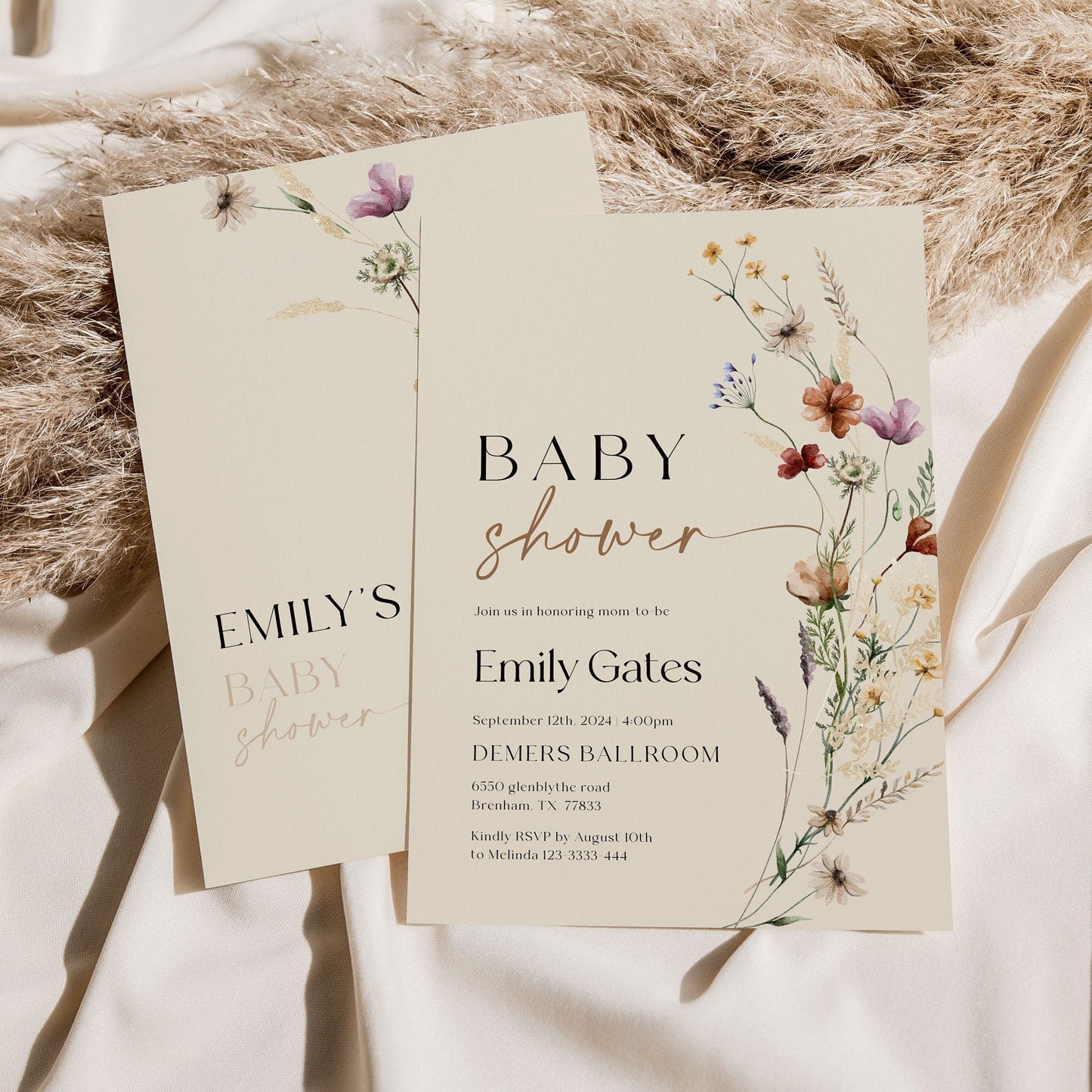 Boho Baby Shower Invitation | Beige Invitation Template | Wildflower Baby Shower Stationery - LovelyTemplatesCo