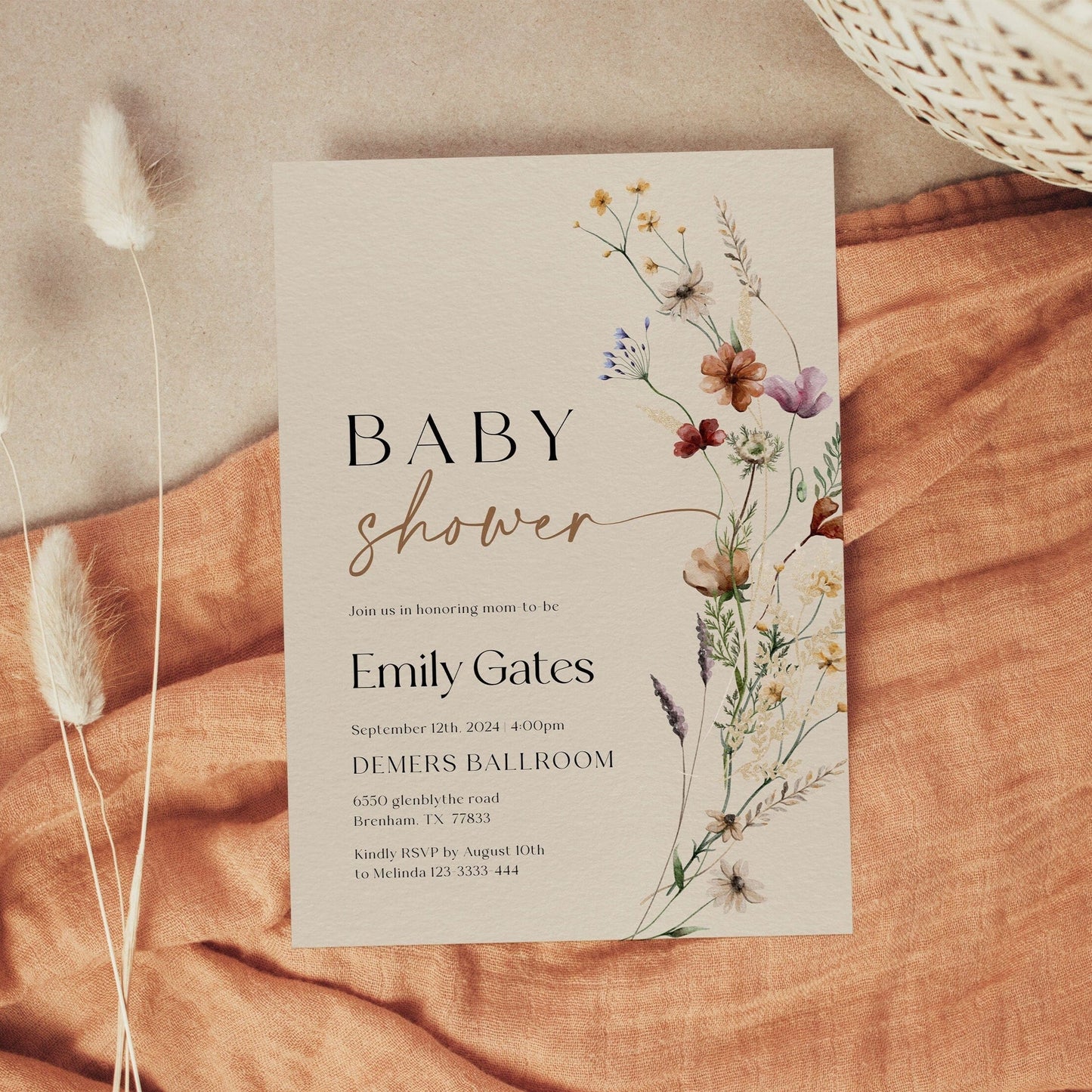 Boho Baby Shower Invitation | Beige Invitation Template | Wildflower Baby Shower Stationery - LovelyTemplatesCo