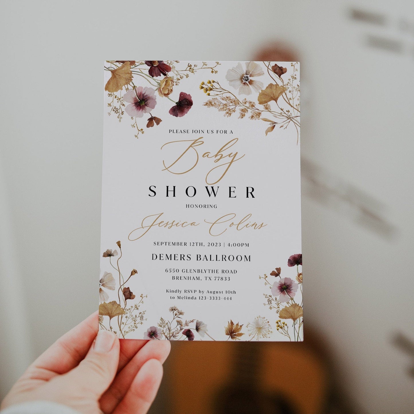 Boho Baby Shower invitation template, Floral Wildflower Baby Shower invitation - LovelyTemplatesCo