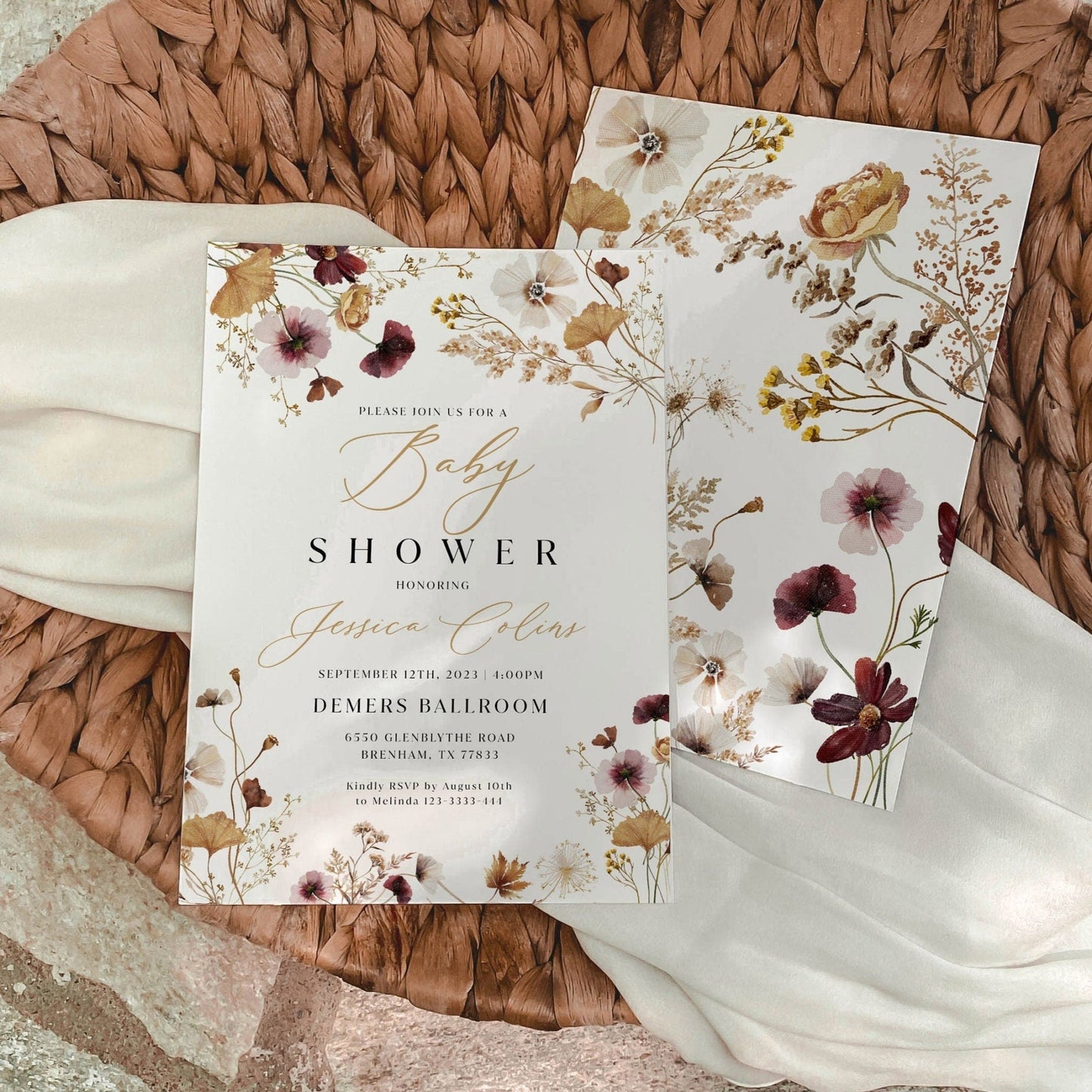 Boho Baby Shower invitation template, Floral Wildflower Baby Shower invitation - LovelyTemplatesCo