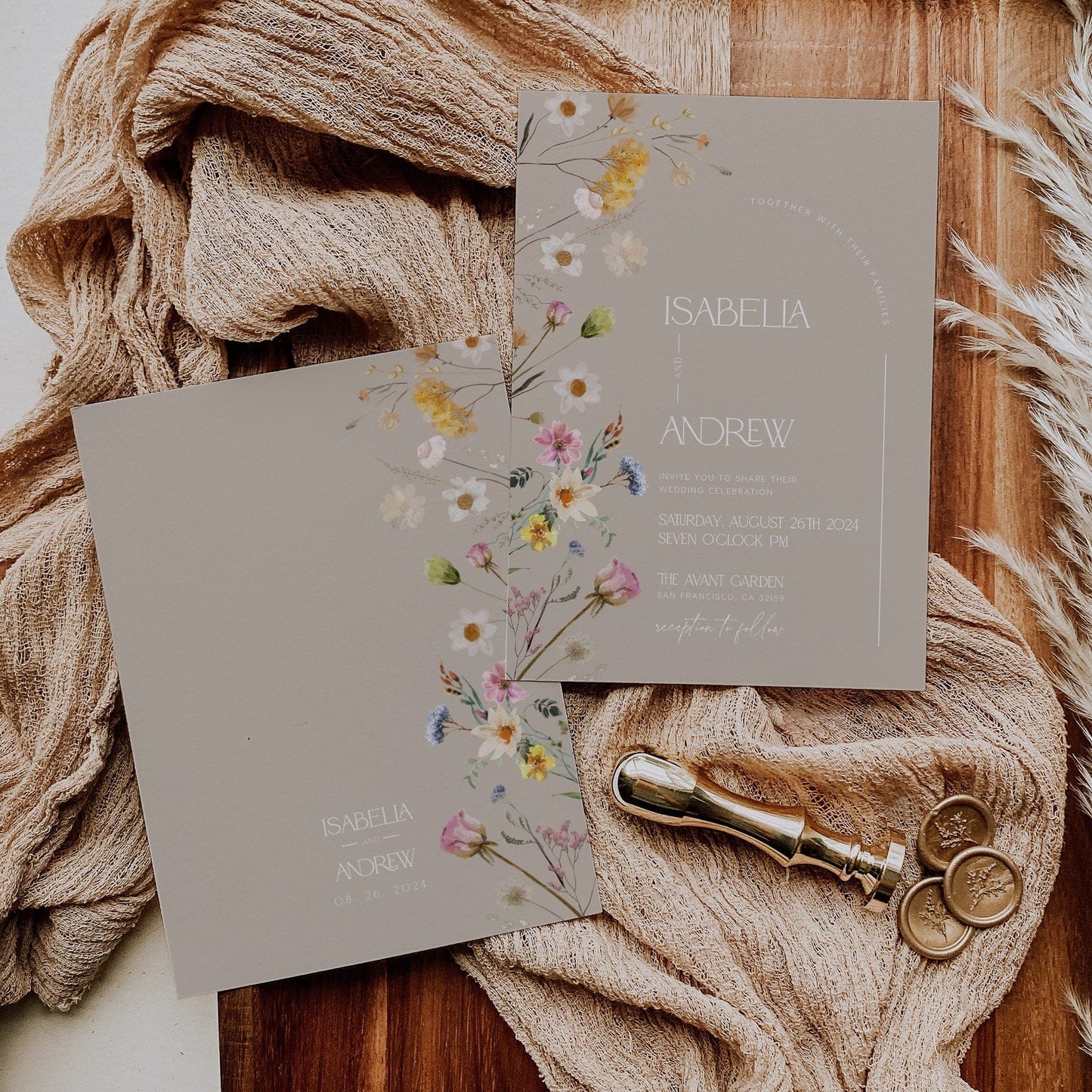Boho Beige Floral Wedding Invitation set - LovelyTemplatesCo