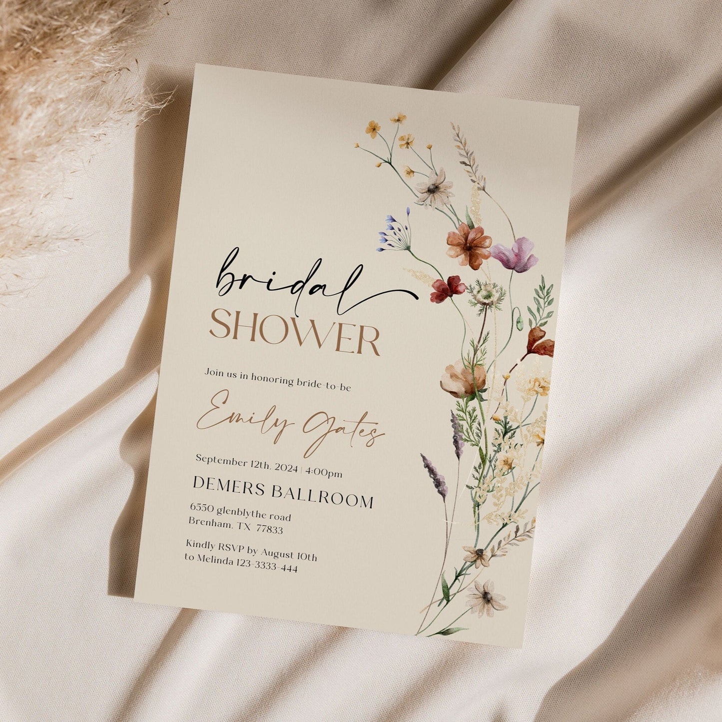 Boho Bridal Shower Invitation, Beige Wildflower Bridal Shower Invitation - LovelyTemplatesCo
