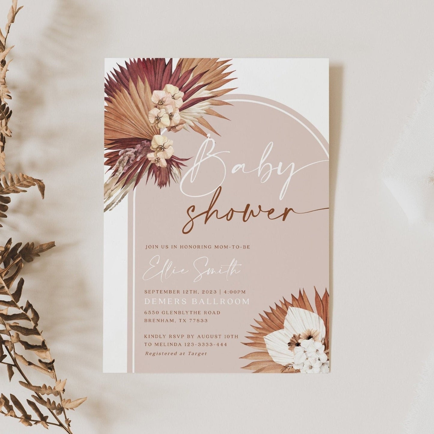 Boho Chic Baby Shower invitation, Baby shower invitation template, Boho beige baby shower - LovelyTemplatesCo