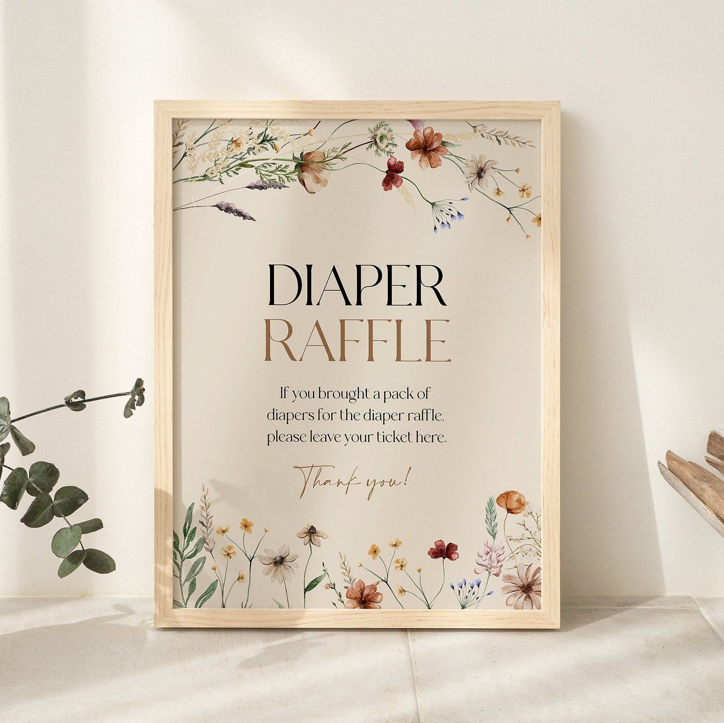 Boho Floral Diaper Raffle sign, Baby Shower Diaper Raffle sign - LovelyTemplatesCo