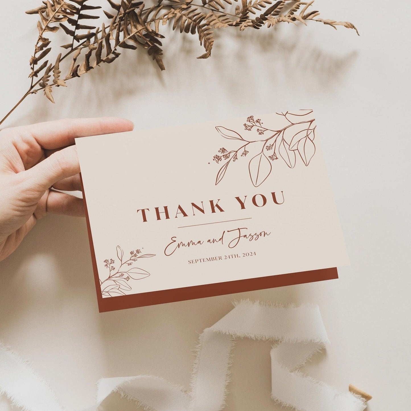 Boho Floral Thank You Card in Terracotta and Beige Colors - LovelyTemplatesCo