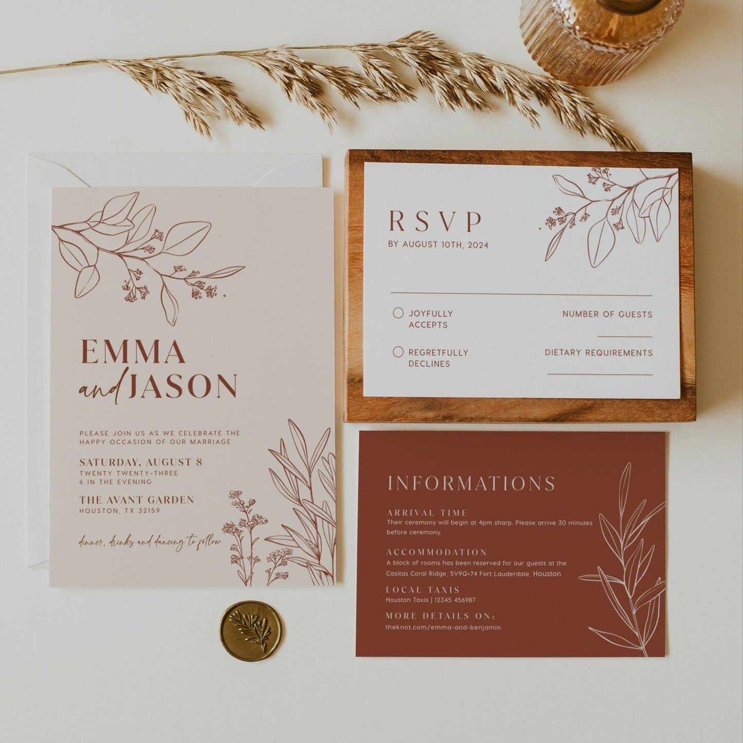Boho Floral Wedding Invitation Suite Terracotta and Beige Colors - LovelyTemplatesCo