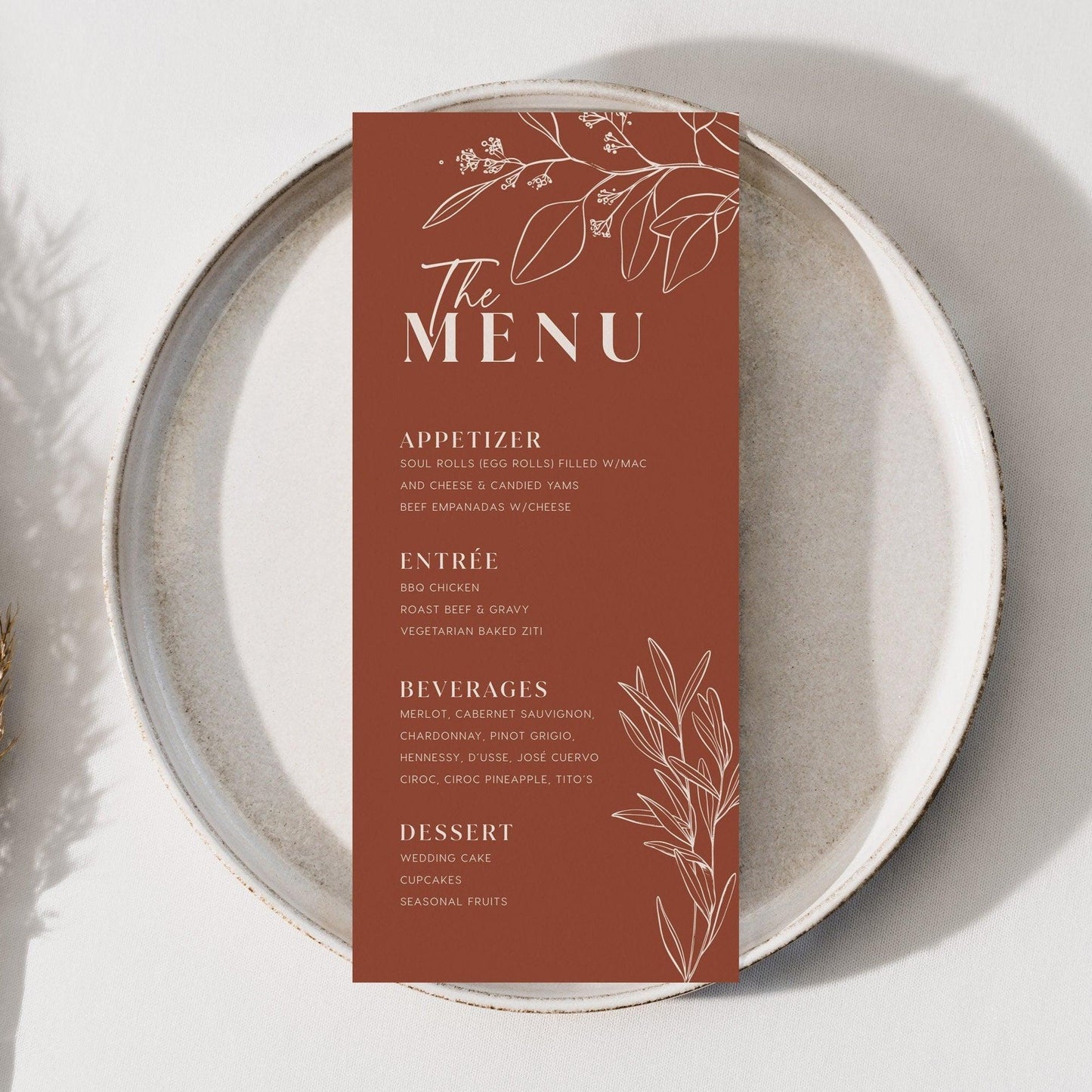Boho Floral Wedding Menu in Terracotta and Beige Colors - LovelyTemplatesCo