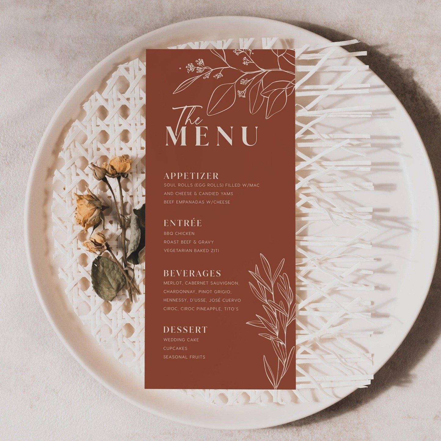 Boho Floral Wedding Menu in Terracotta and Beige Colors - LovelyTemplatesCo