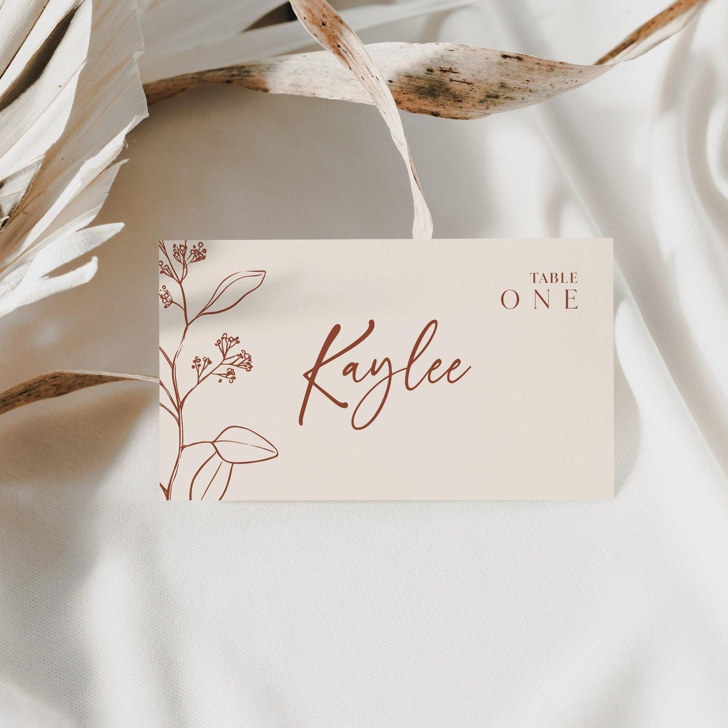 Boho Floral Wedding Place Card in Terracotta and Beige Colors - LovelyTemplatesCo