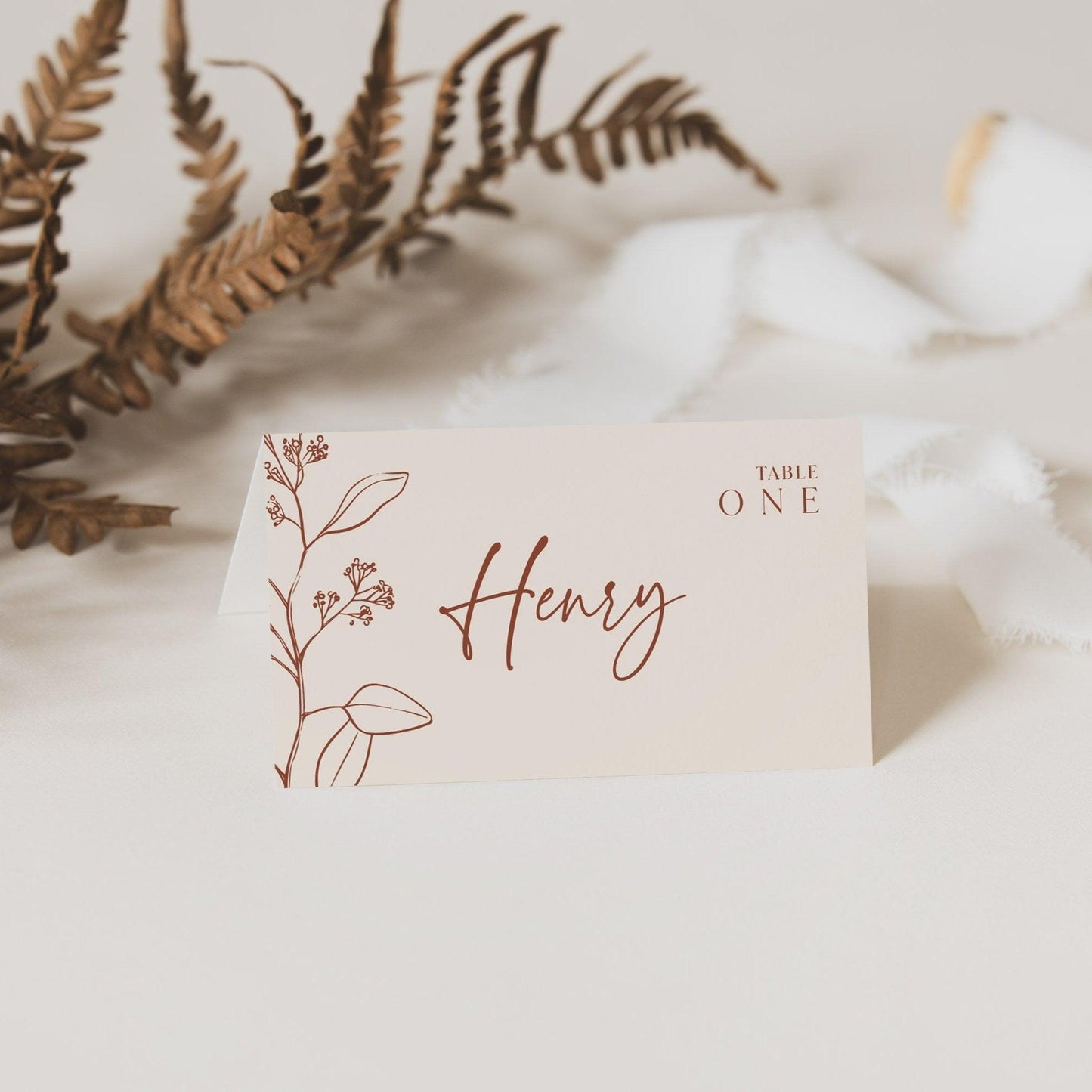 Boho Floral Wedding Place Card in Terracotta and Beige Colors - LovelyTemplatesCo