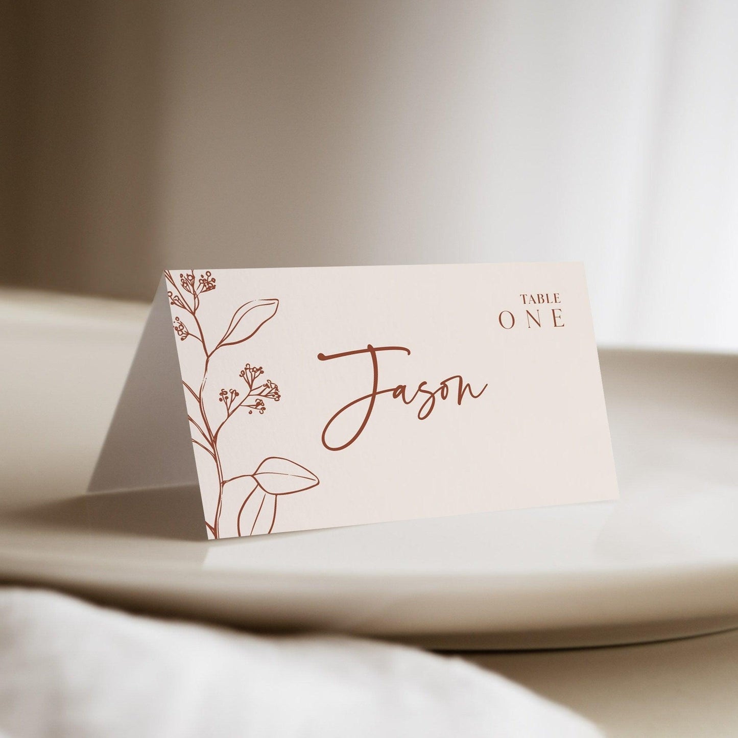 Boho Floral Wedding Place Card in Terracotta and Beige Colors - LovelyTemplatesCo