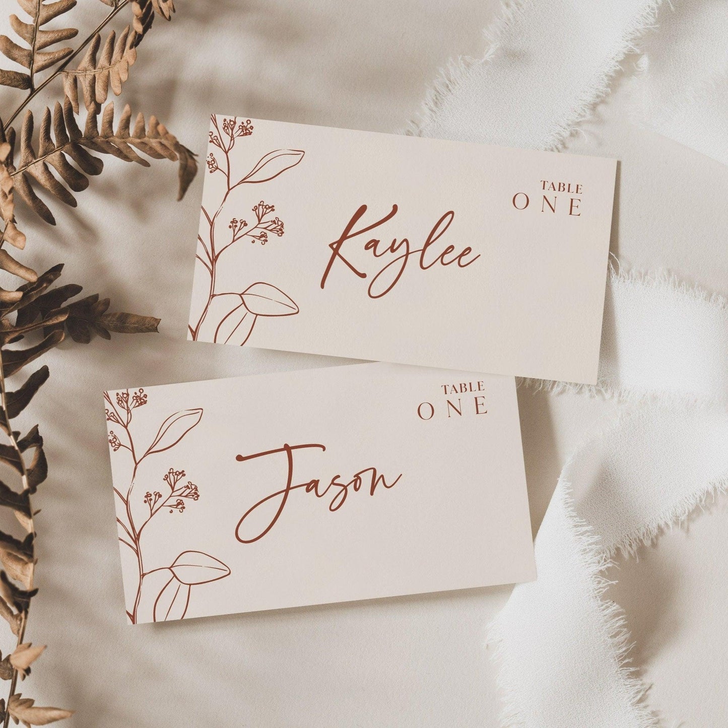 Boho Floral Wedding Place Card in Terracotta and Beige Colors - LovelyTemplatesCo