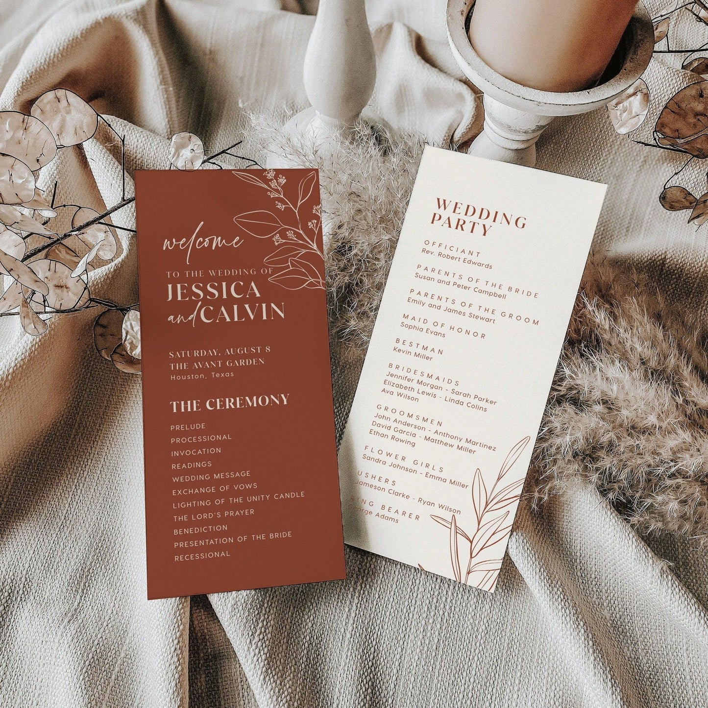 Boho Floral Wedding Program Cards in Terracotta and Beige Colors - LovelyTemplatesCo