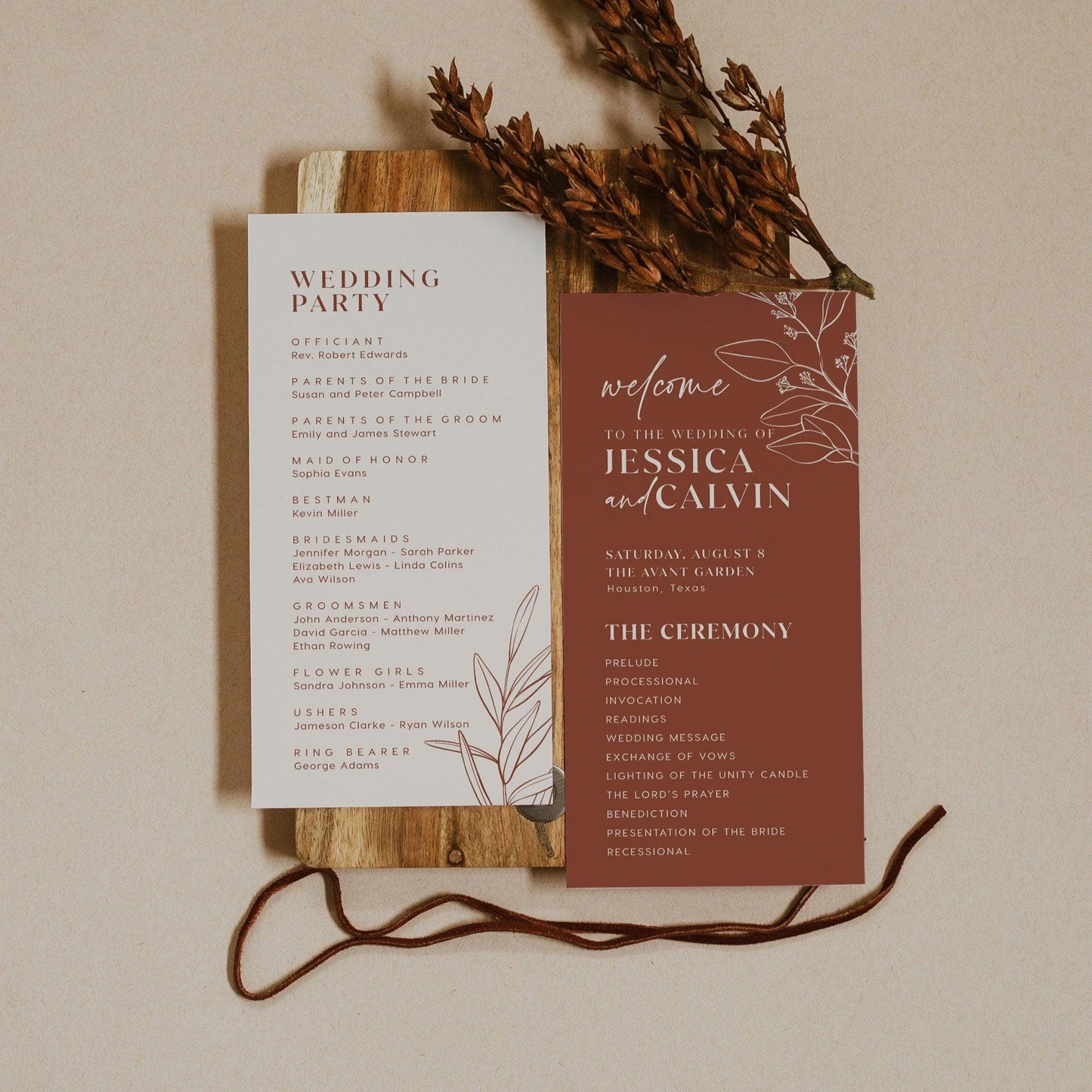 Boho Floral Wedding Program Cards in Terracotta and Beige Colors - LovelyTemplatesCo