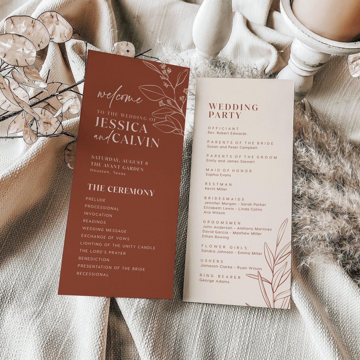 Boho Floral Wedding Program Cards in Terracotta and Beige Colors - LovelyTemplatesCo
