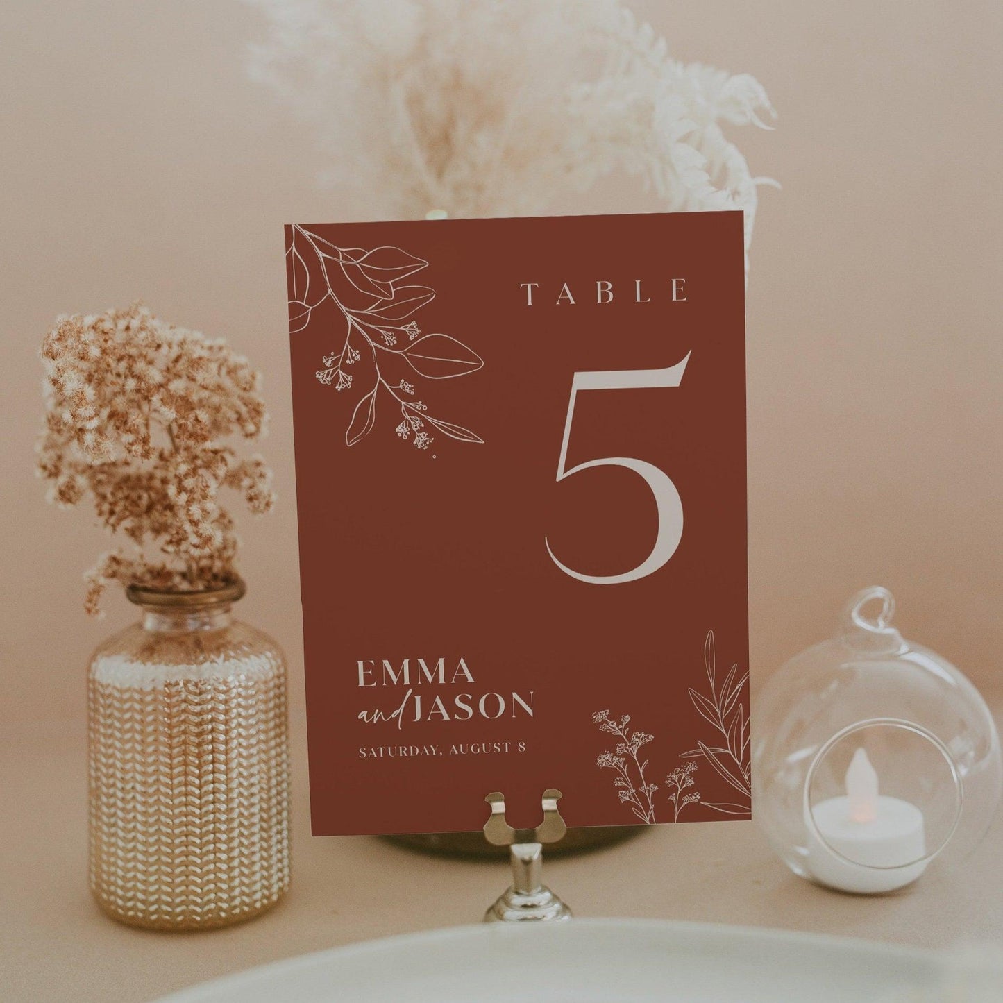 Boho Floral Wedding Table Numbers in Terracotta and Beige Colors - LovelyTemplatesCo