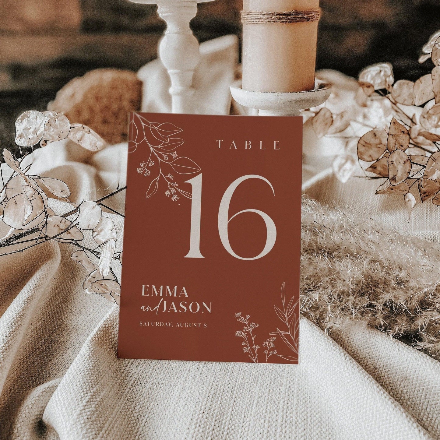Boho Floral Wedding Table Numbers in Terracotta and Beige Colors - LovelyTemplatesCo